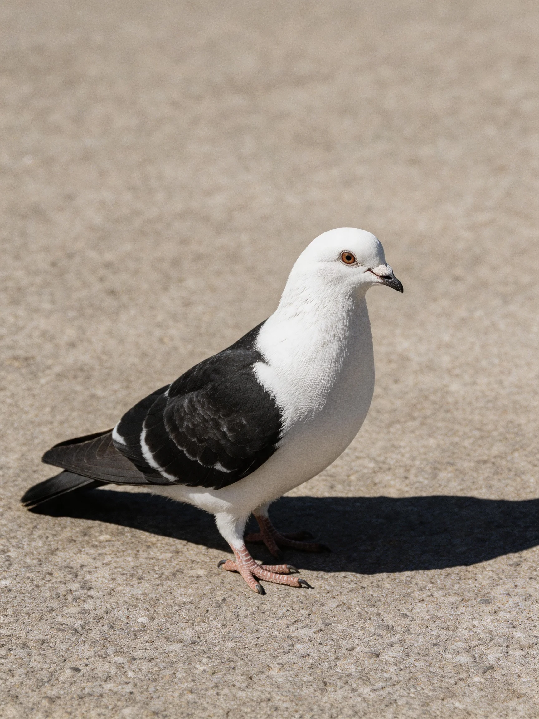 A white-headed pigeon with black wings stands on smooth pavement.