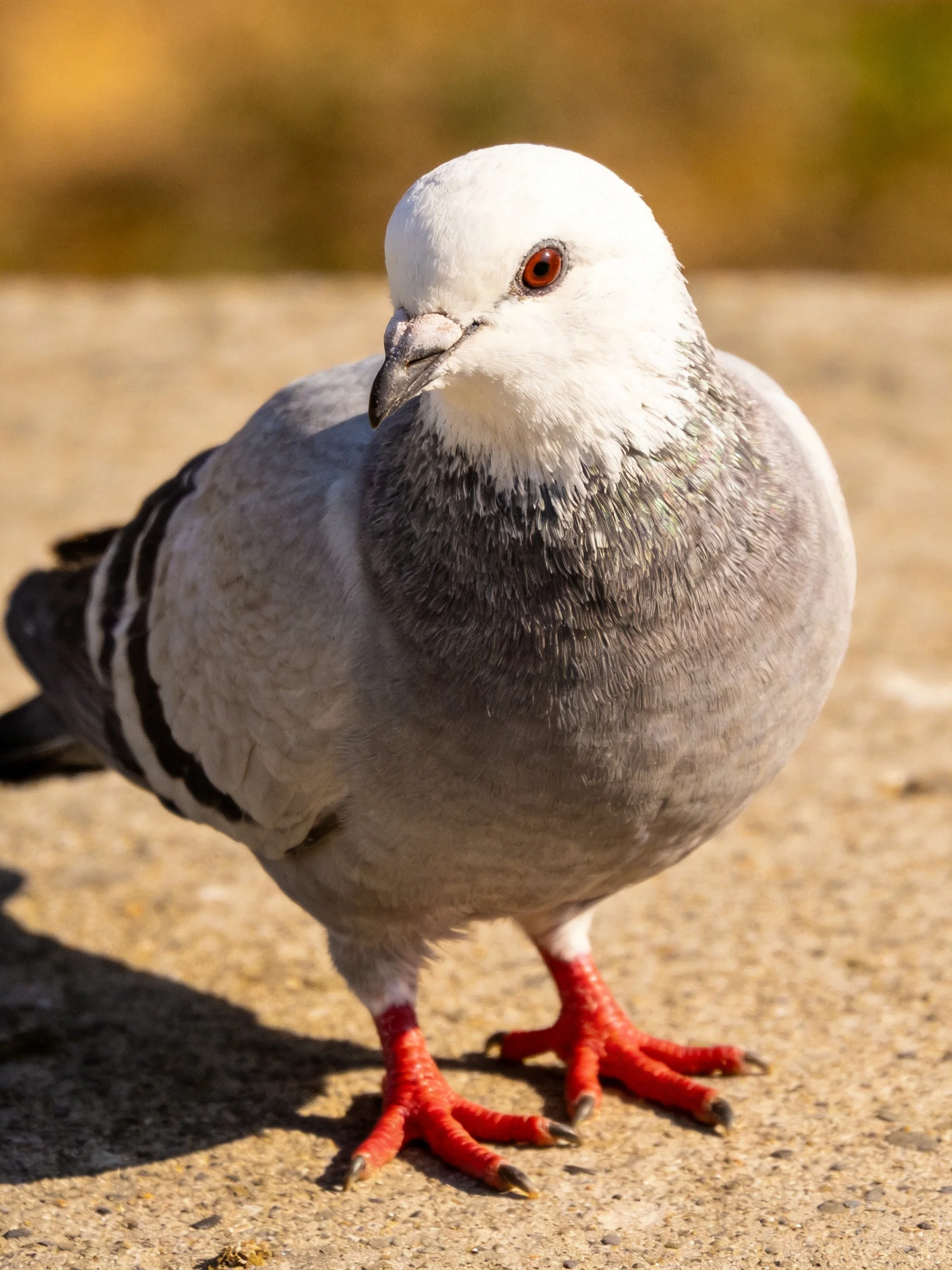 A single pigeon with distinctive color markings stands on concrete.