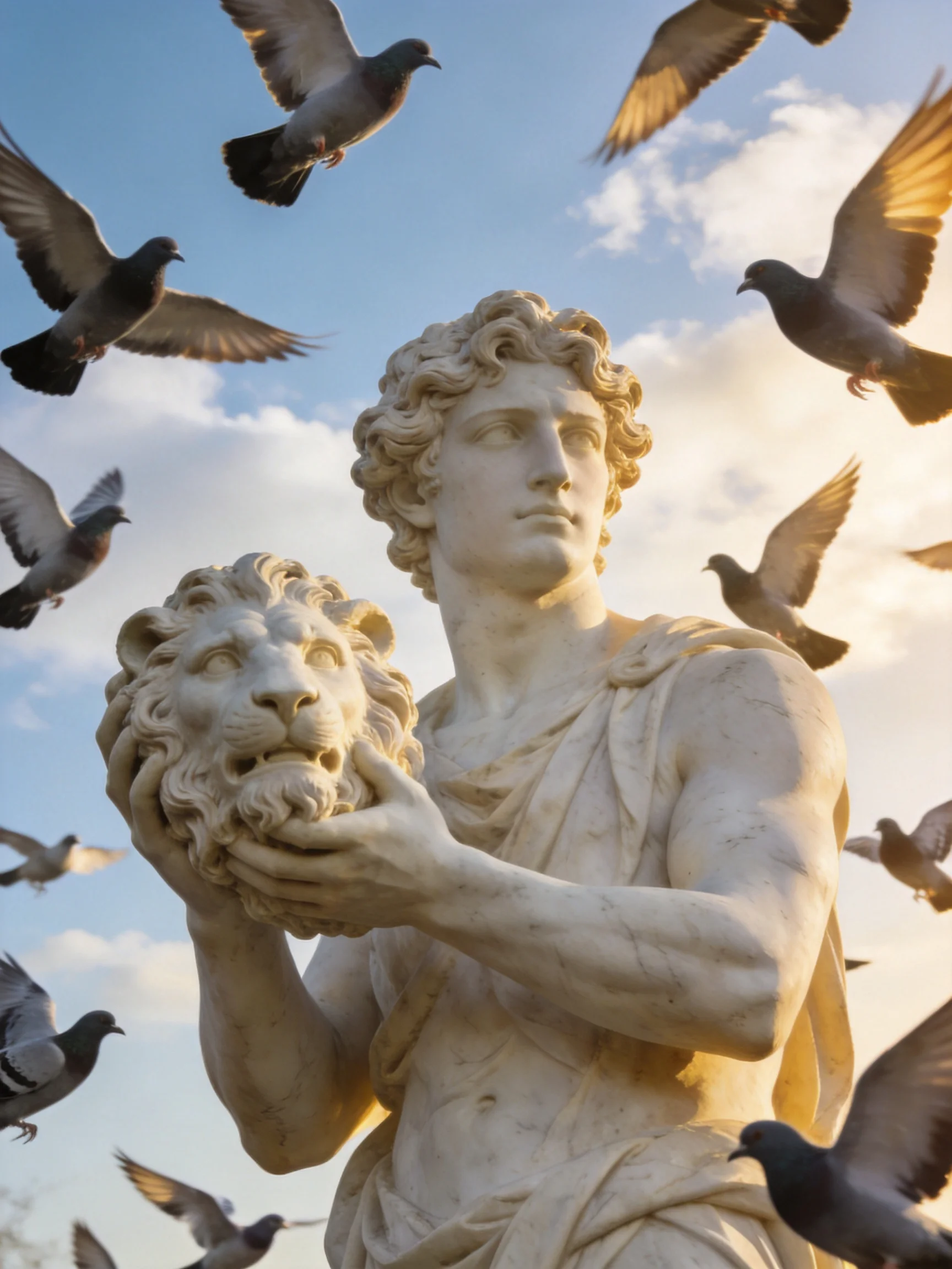 A white marble statue holding a lion head amidst flying pigeons under a clear sky