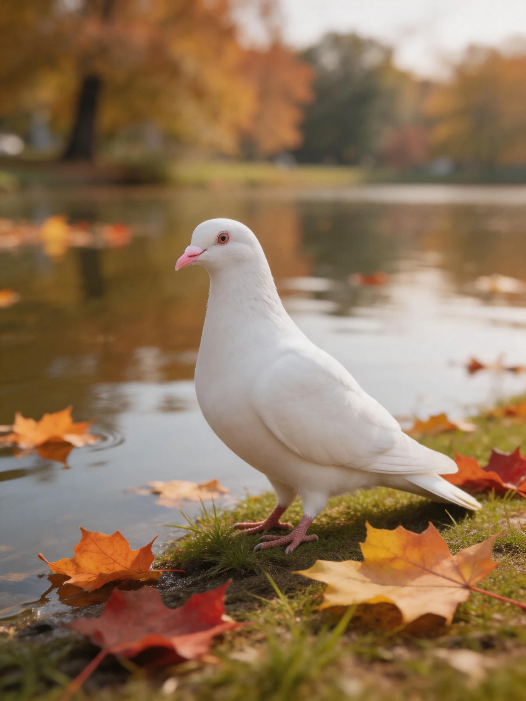 A white pigeon amidst colorful autumn leaves by a calm pond