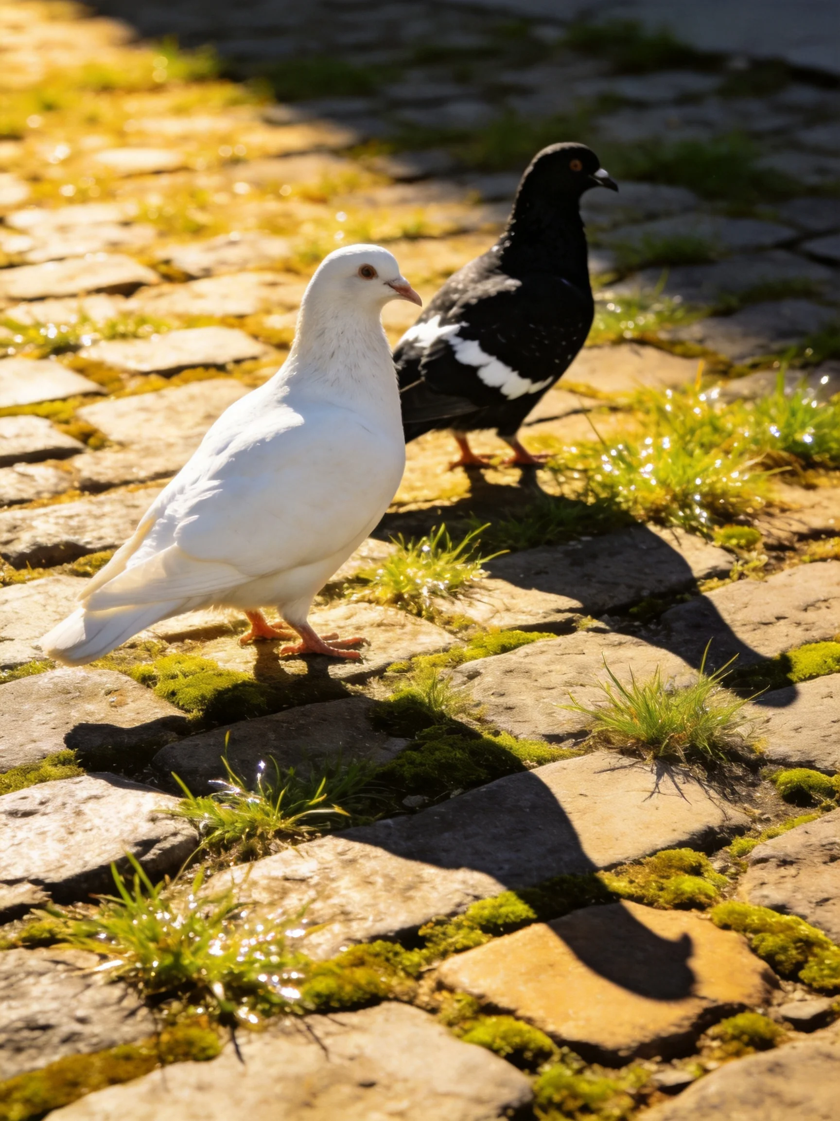 A white pigeon and a black pigeon on a mossy cobblestone path