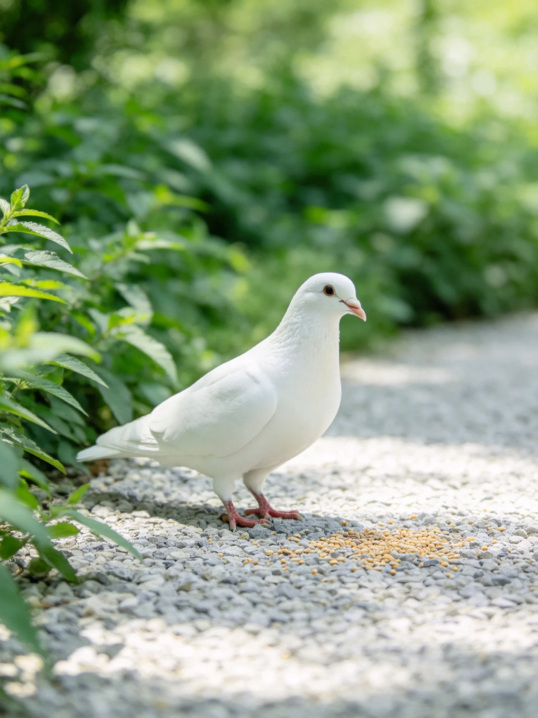 A white pigeon stands near greenery and seeds on a gravel path.
