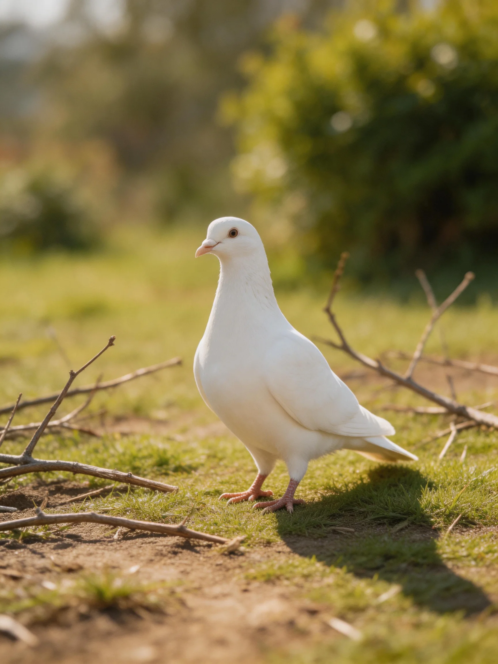 A white pigeon on grass with scattered branches