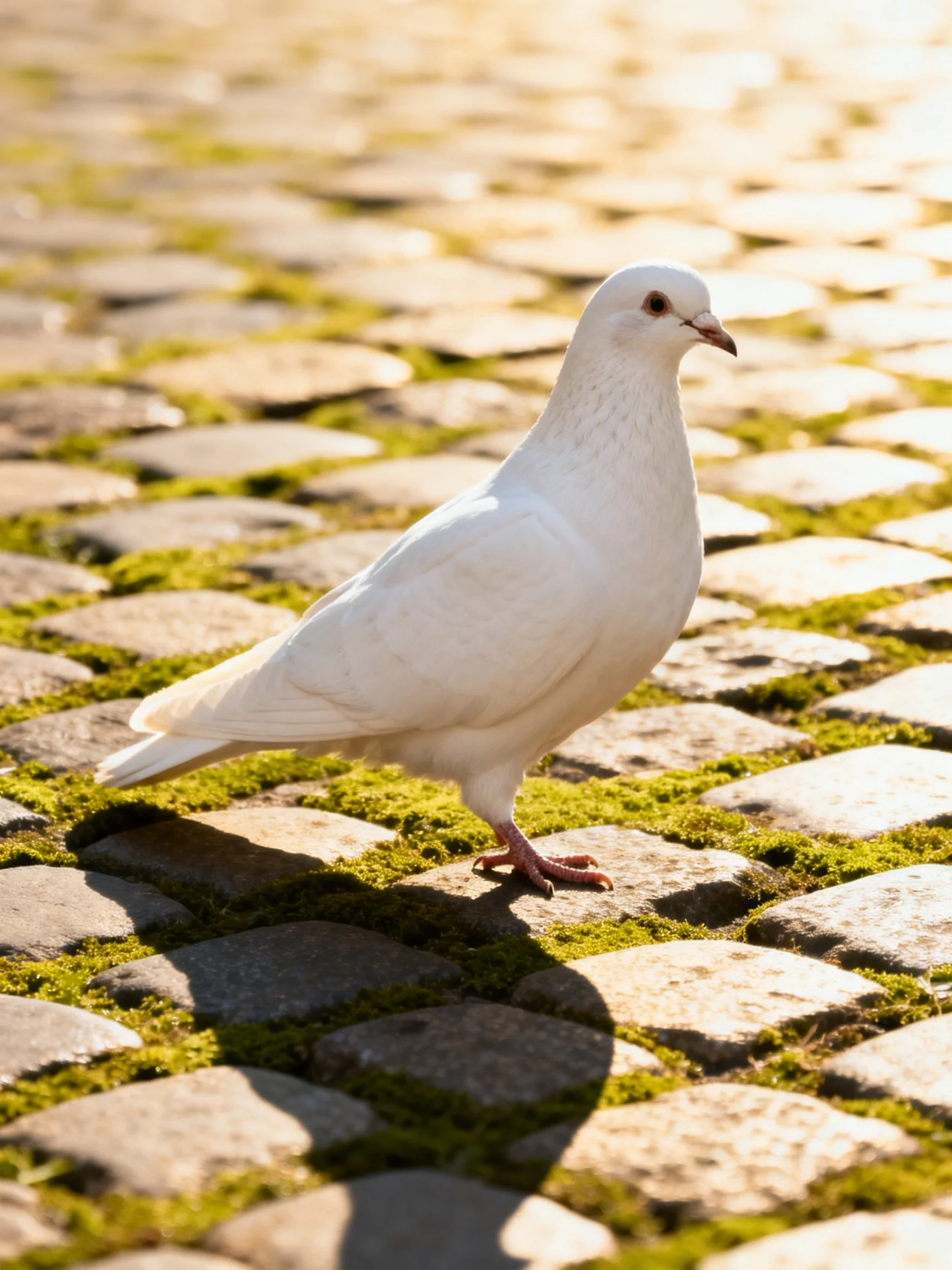 A white pigeon on moss-covered cobblestone pavement