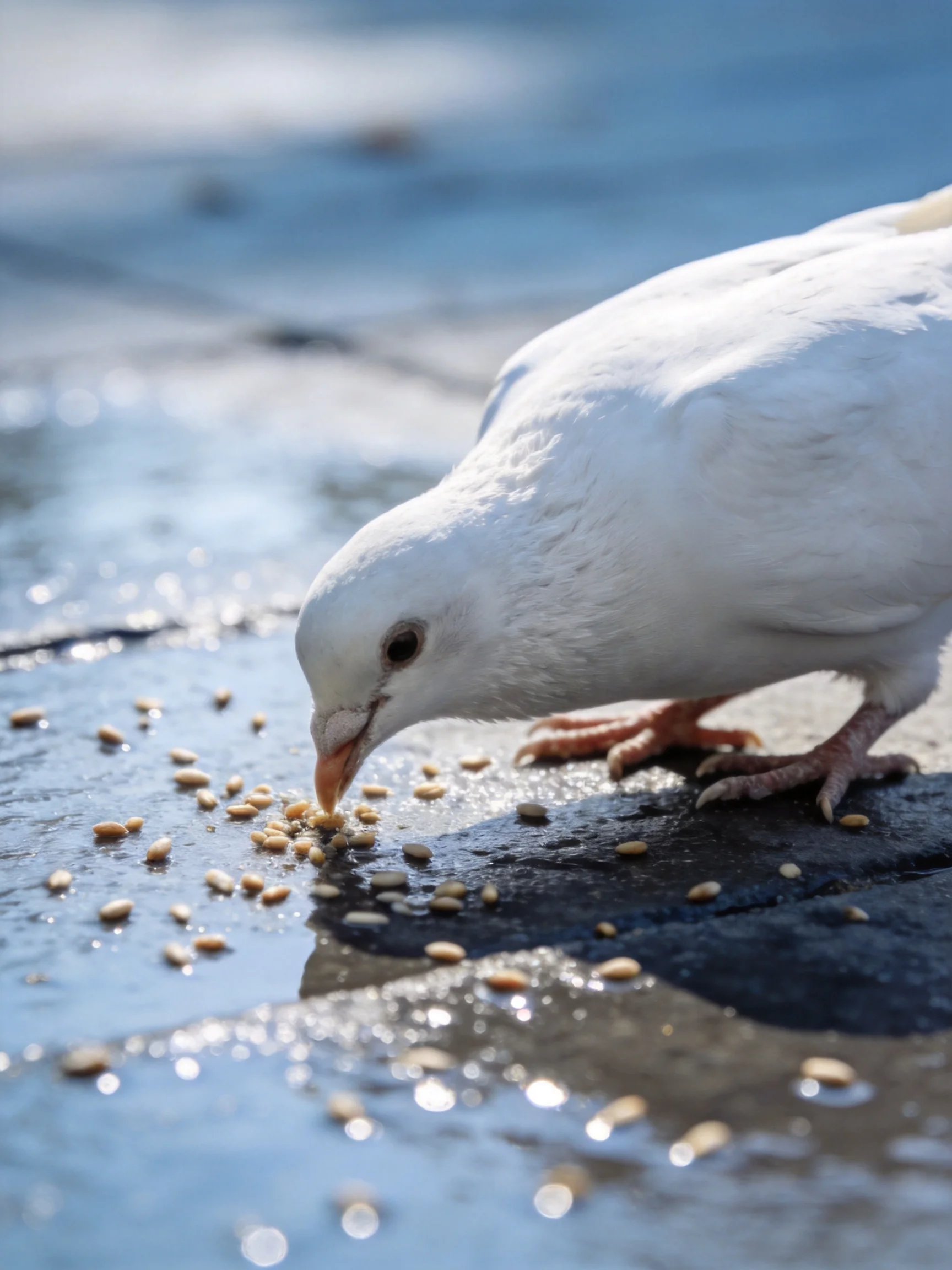 A white pigeon pecking seeds on a wet pavement