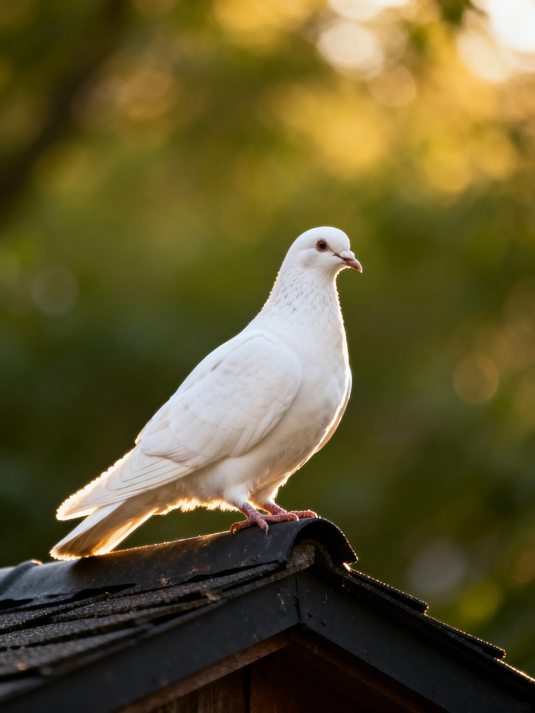 A white pigeon rests on a dark roof with a blurred green backdrop.
