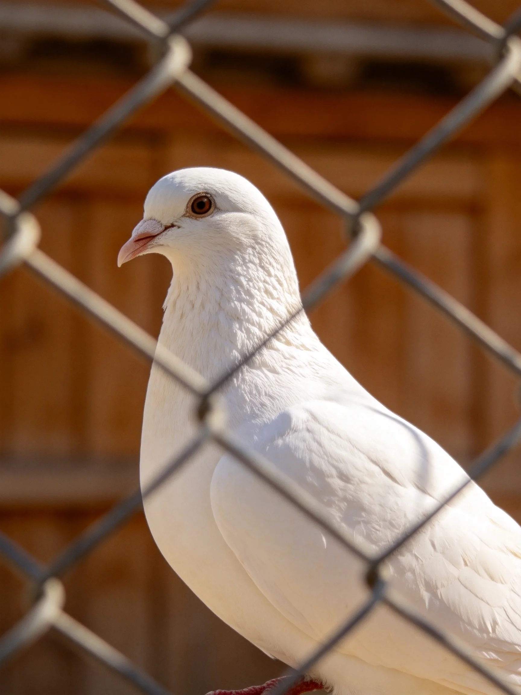 A white pigeon perched behind a diamond-patterned chain-link fence