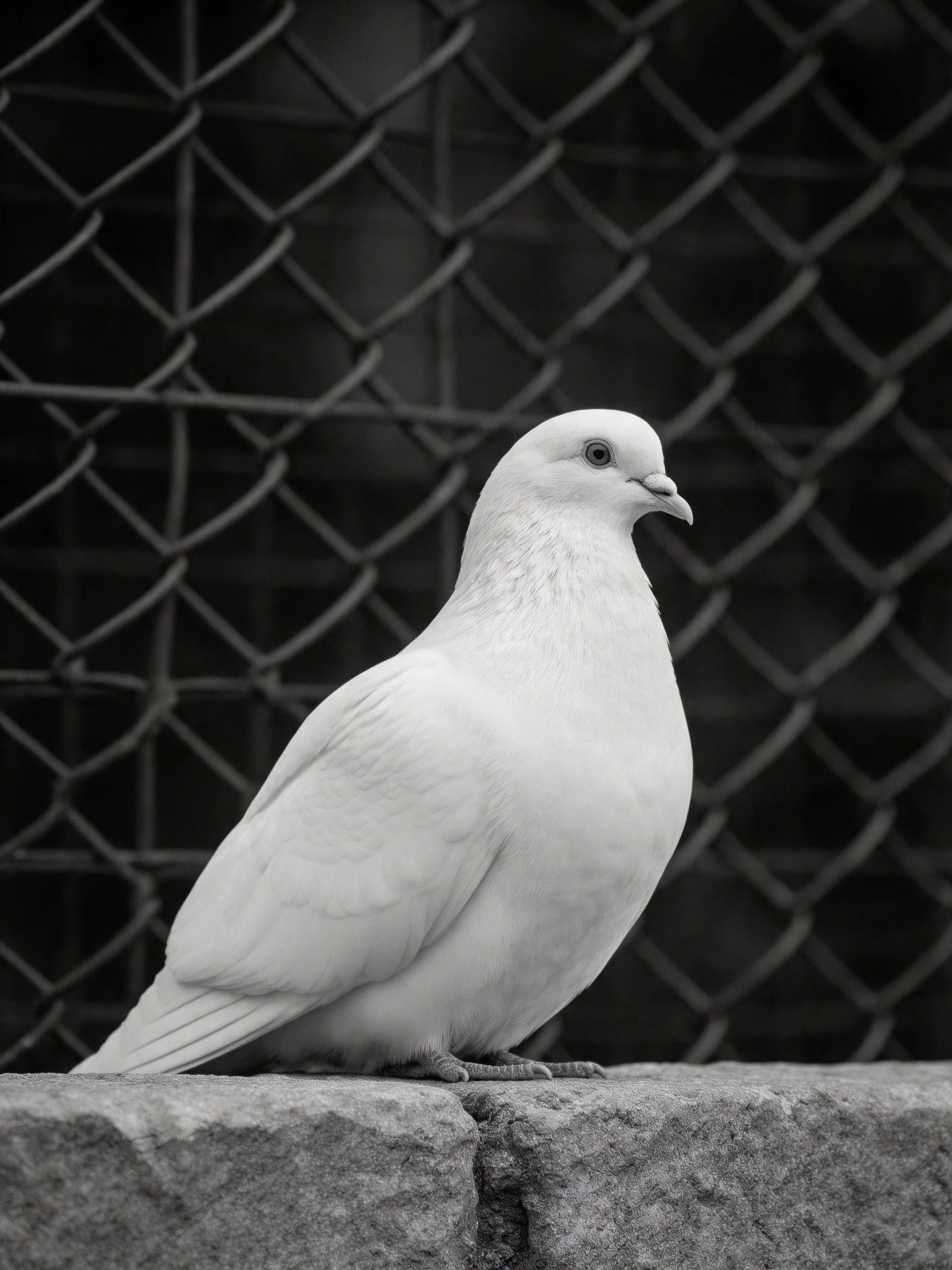 A white pigeon perched by a chain-link fence