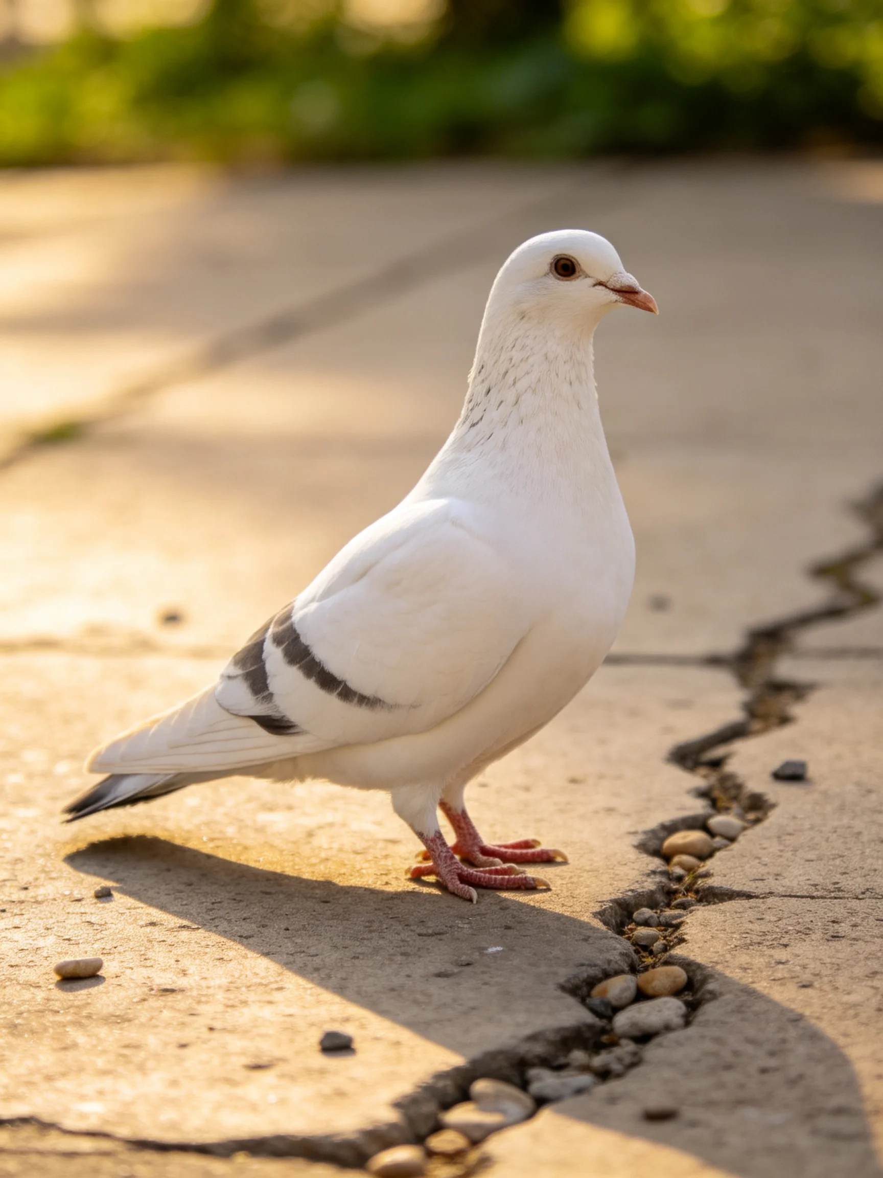 A white pigeon perched on a cracked concrete walkway