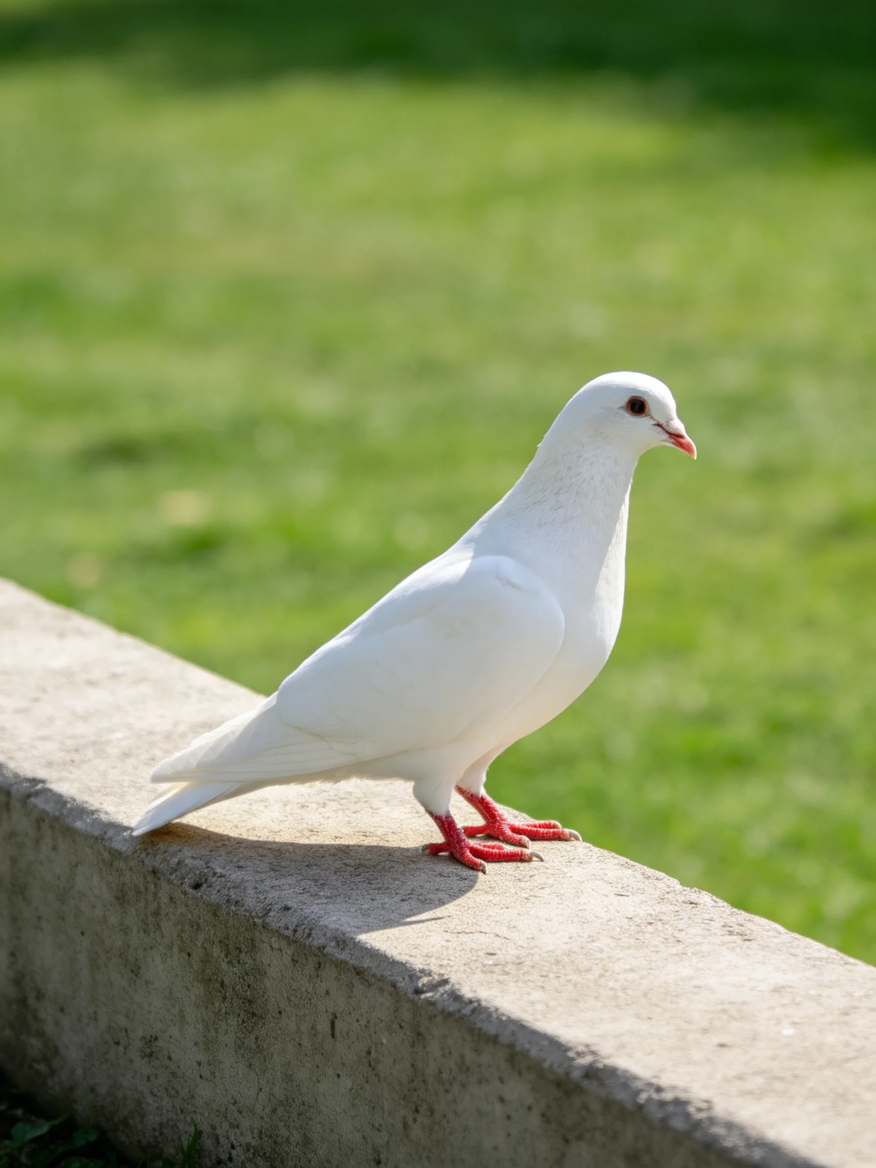 A white pigeon perched on a gray concrete ledge near green grass