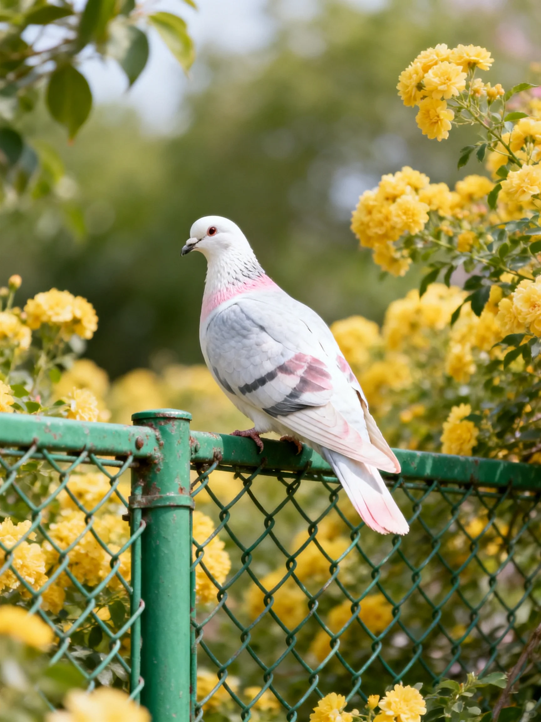 A white pigeon perched on a green fence amid vibrant yellow blooms