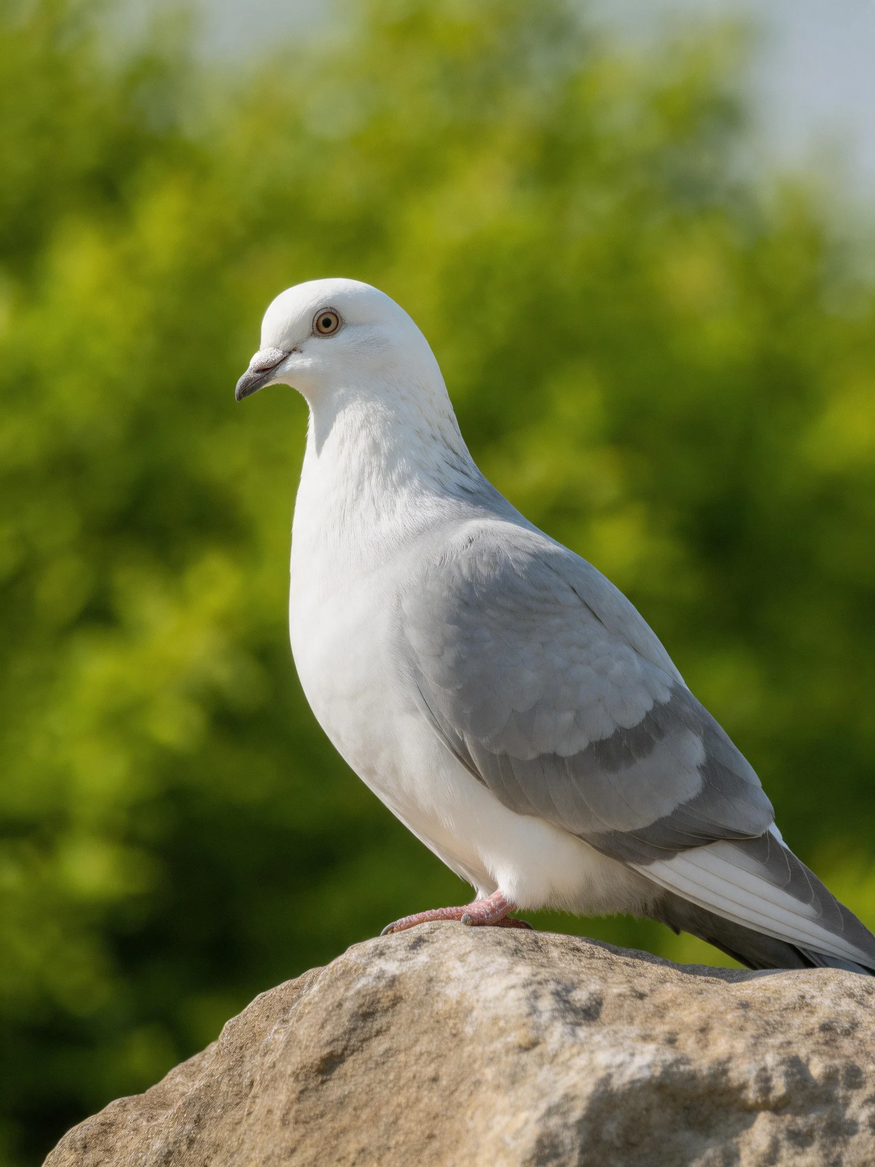 A white pigeon perched on a rock beside green trees