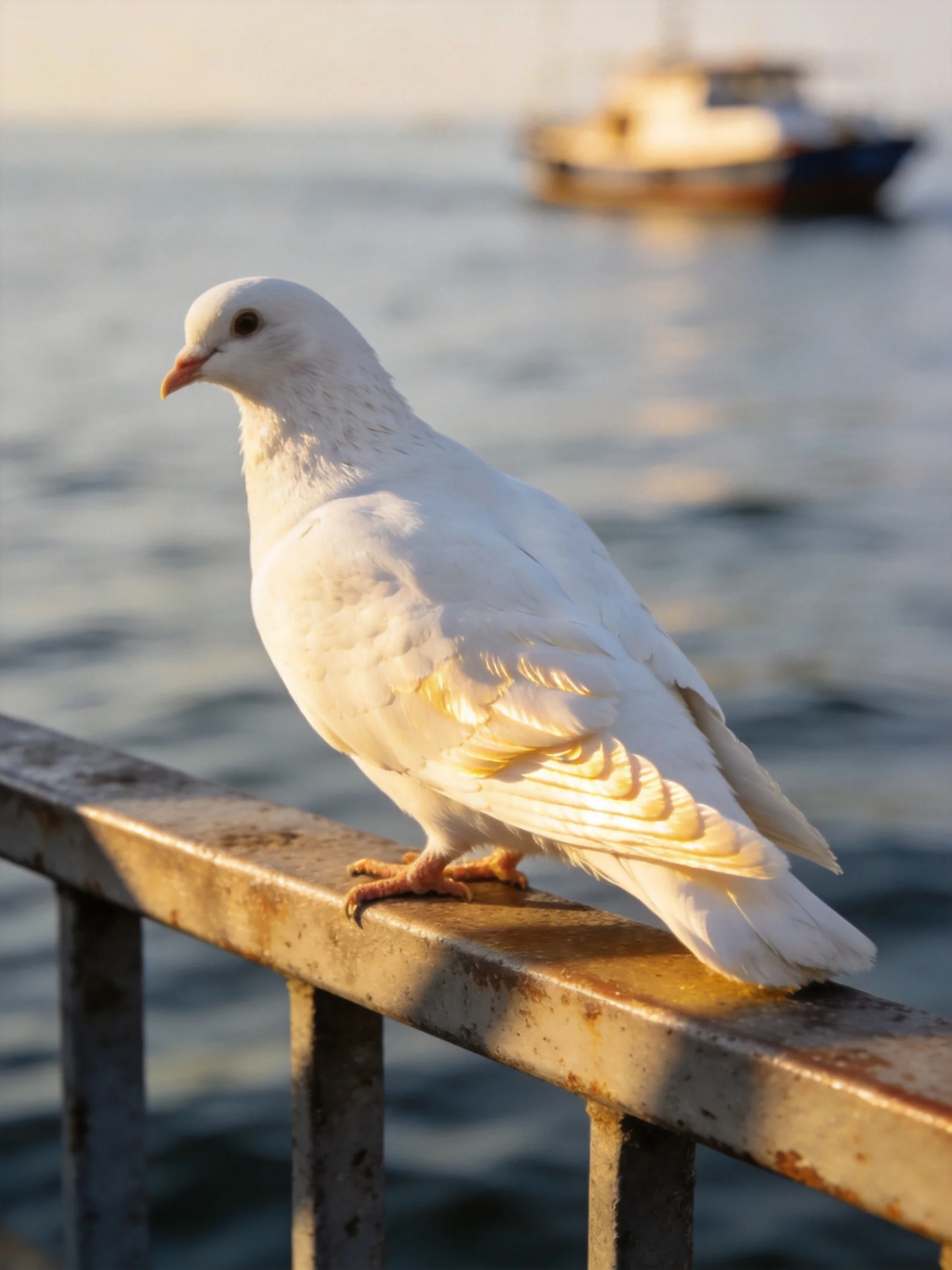 A white pigeon perched on a rusty metal railing by calm waters