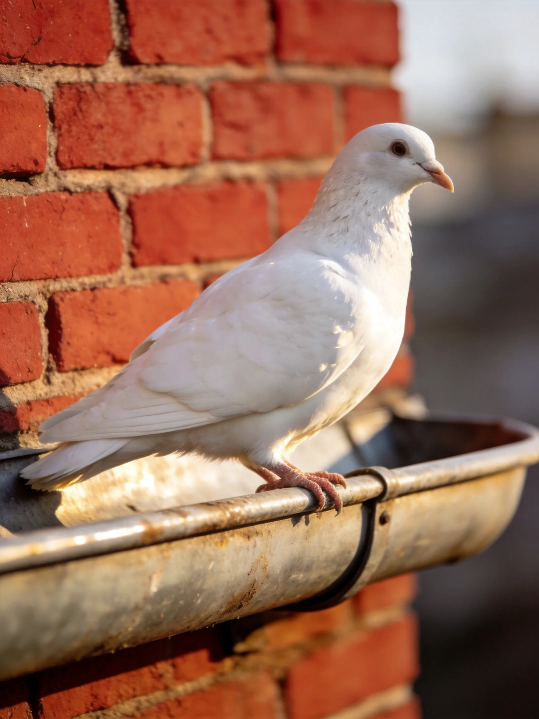 A white pigeon perched on a rusty metal trough beside a red brick wall