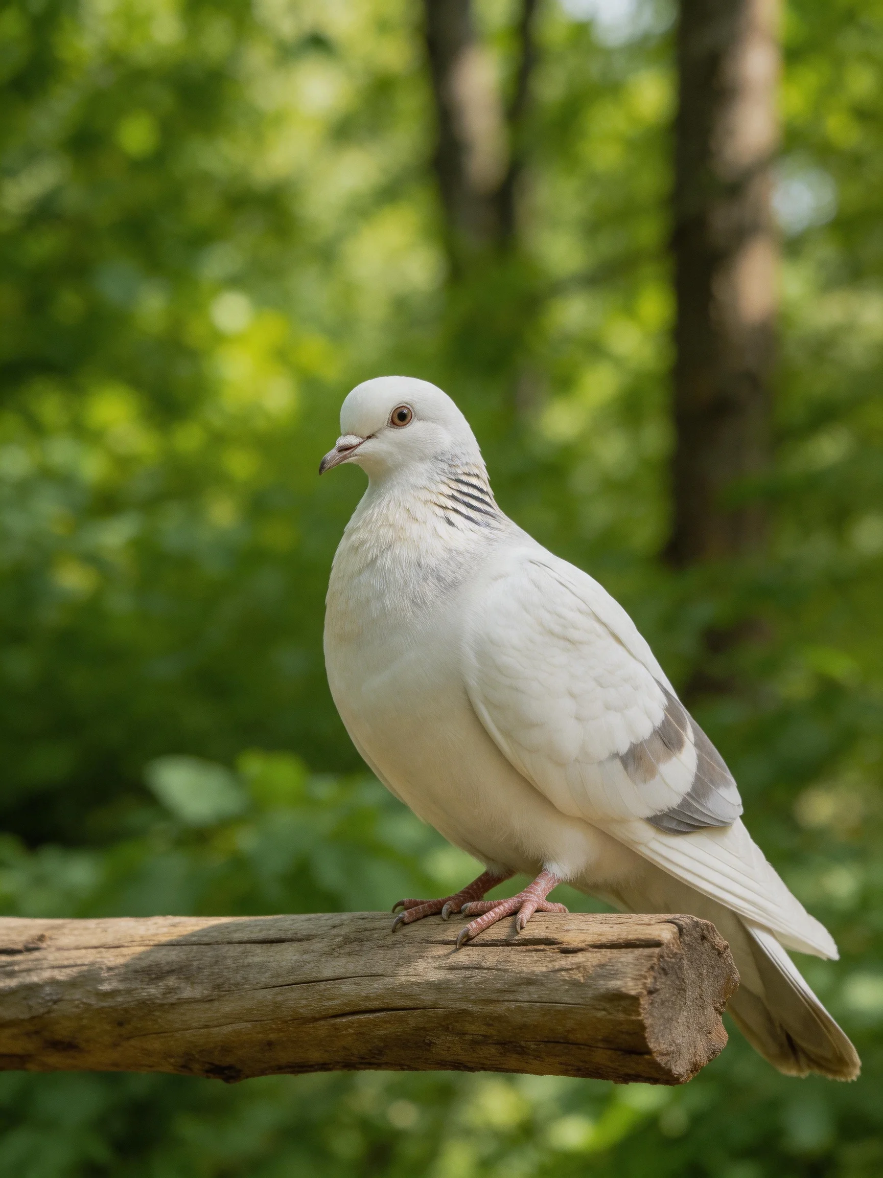 A white pigeon rests on a wooden branch with green foliage in the background