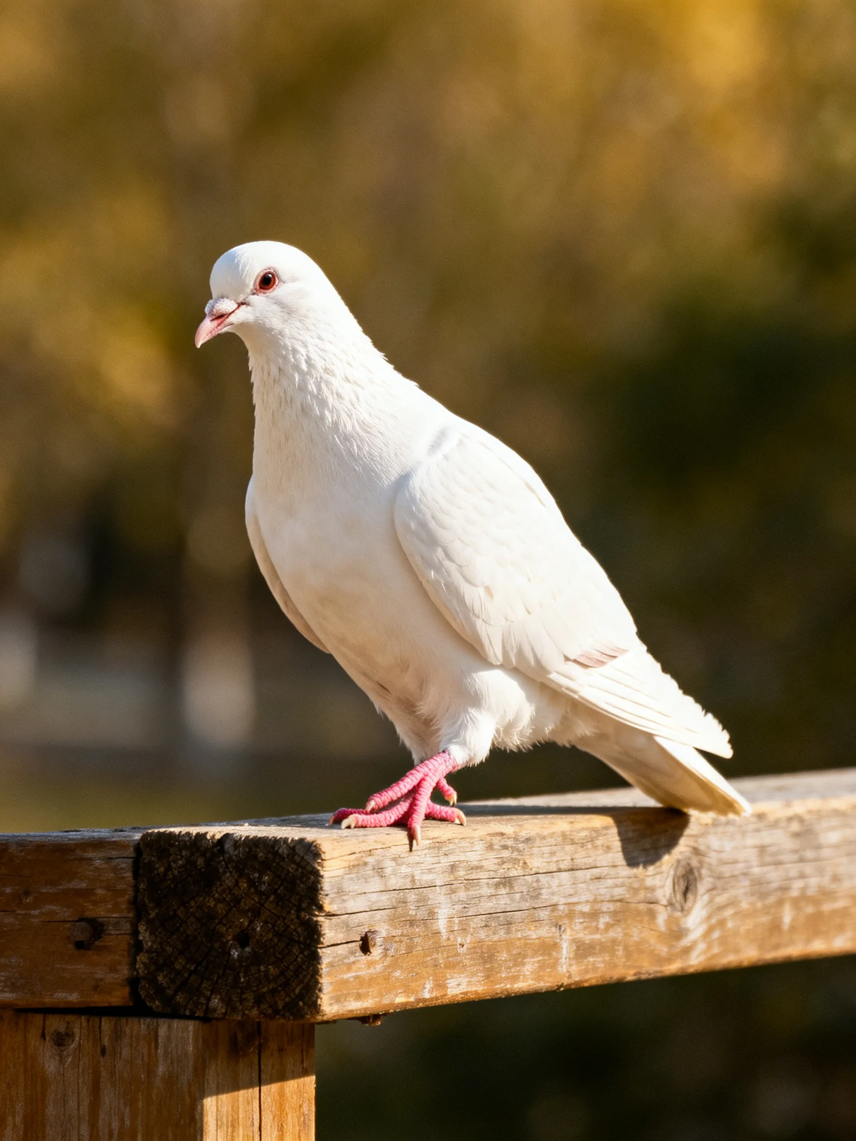 A white pigeon rests on a wooden railing in an outdoor setting.