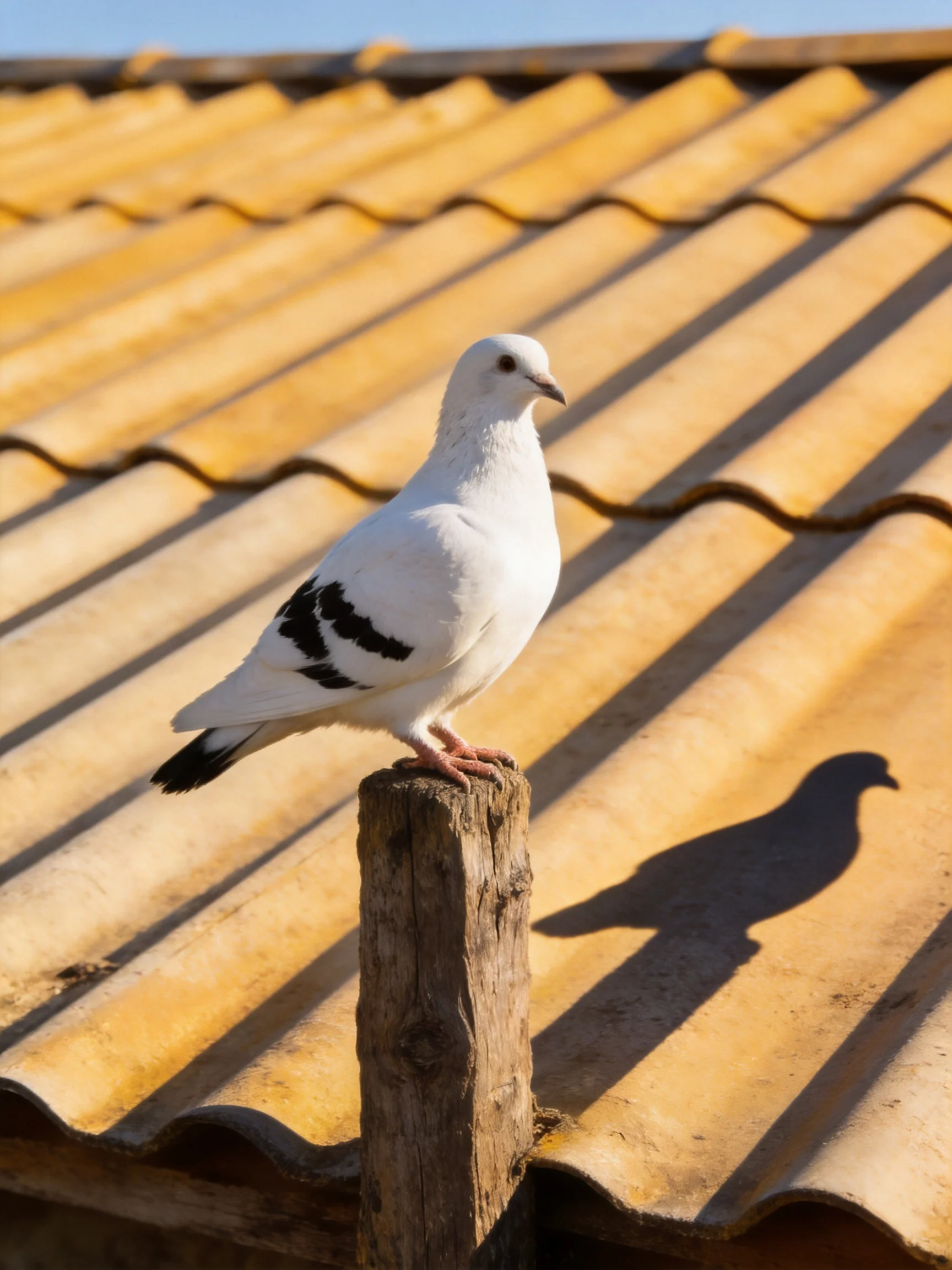 A white pigeon stands on a wooden post near yellow-tiled roofing.