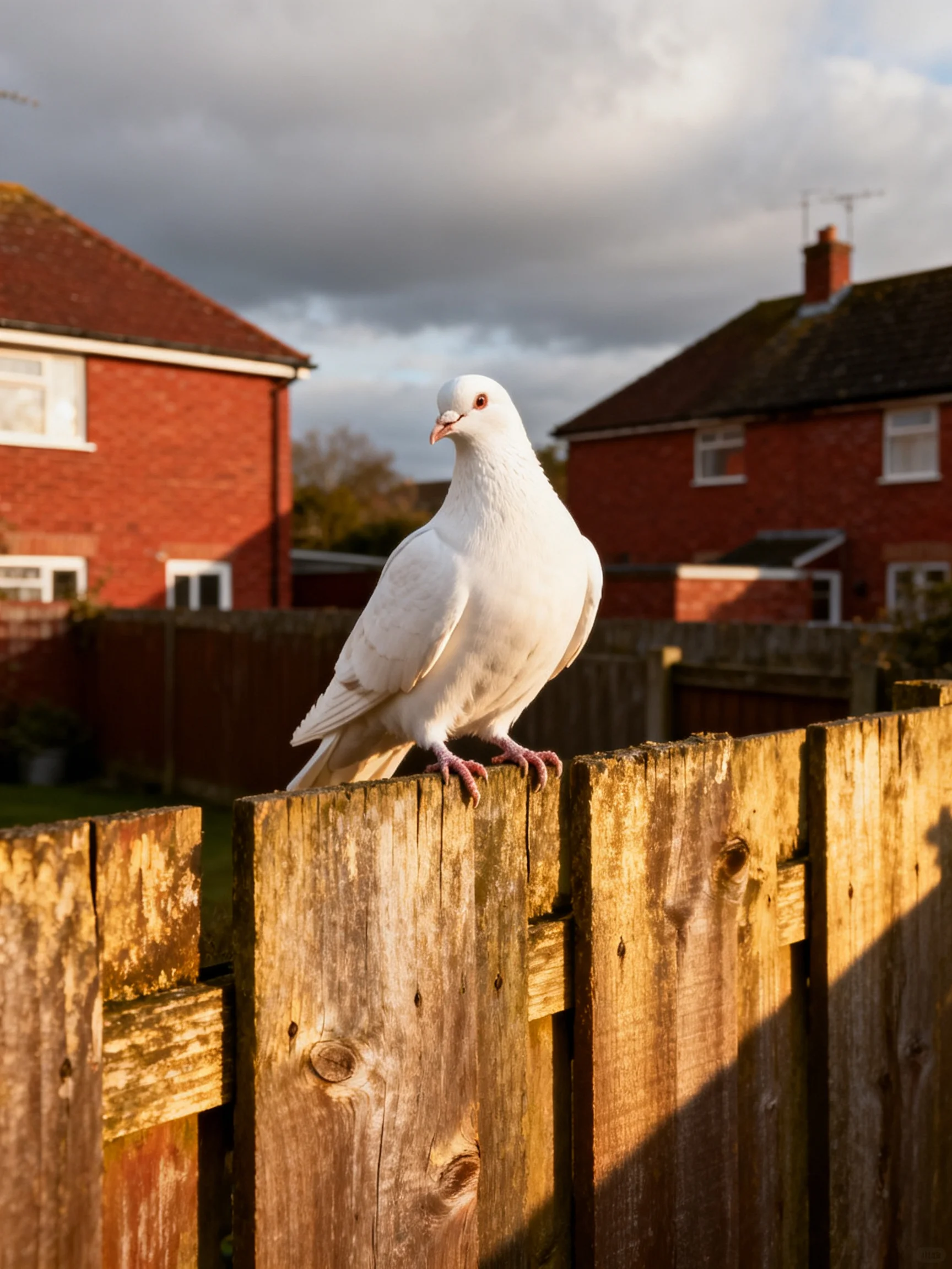 A white pigeon perched on an aged wooden fence near red brick homes