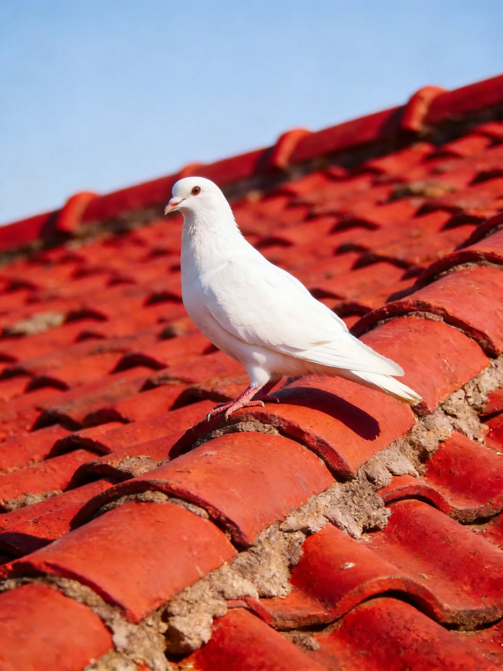 A white pigeon perched on glossy red terracotta roof tiles