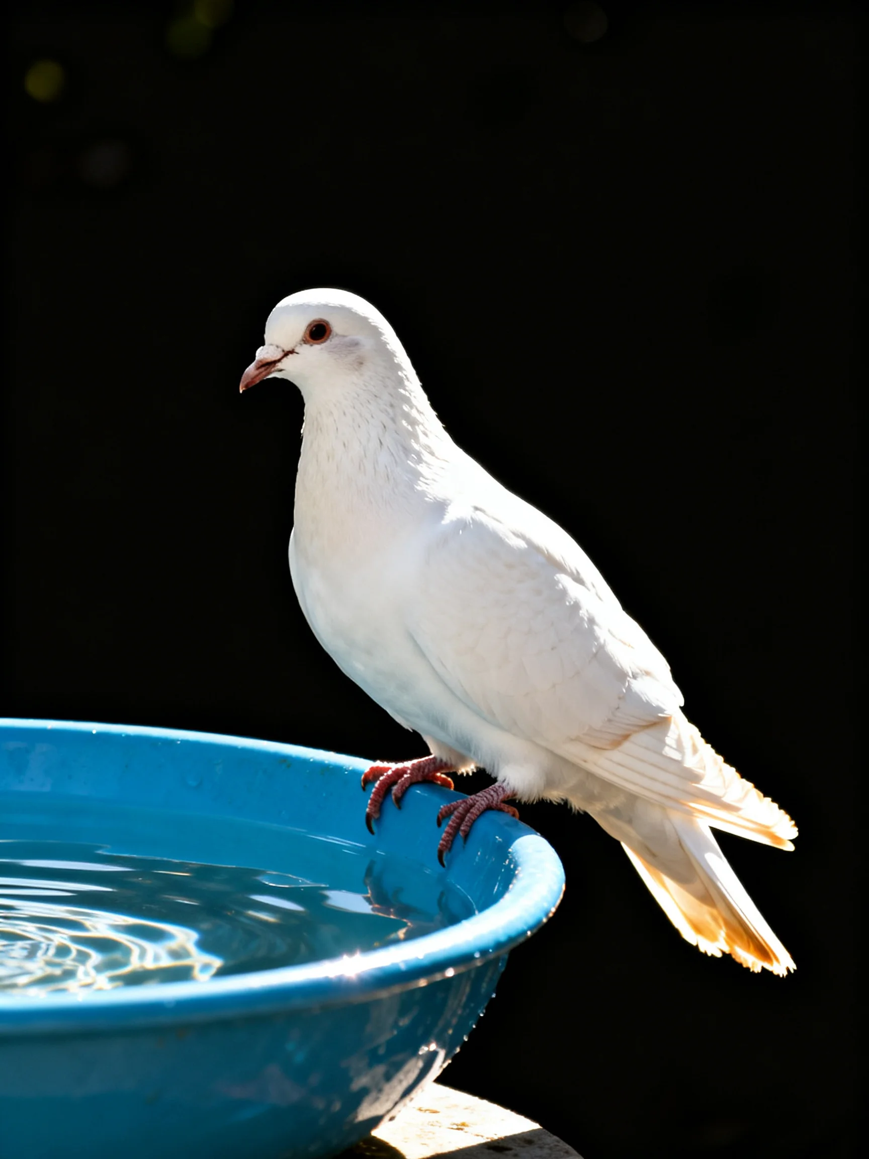 A white pigeon perches on a bright blue water dish