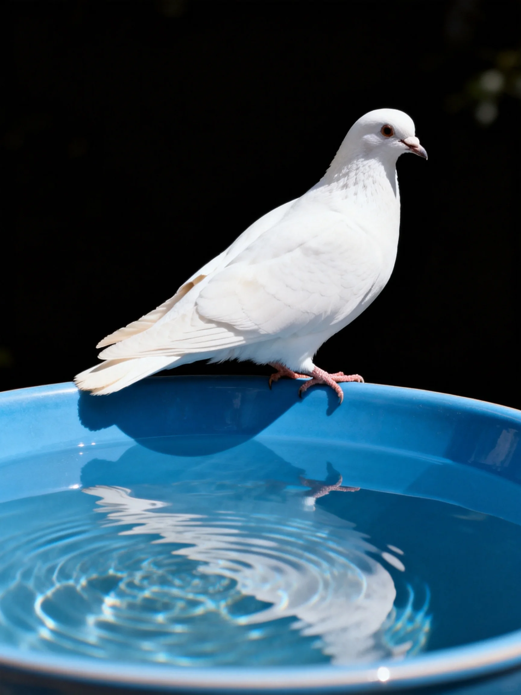 A white pigeon rests on a blue water dish with rippled water