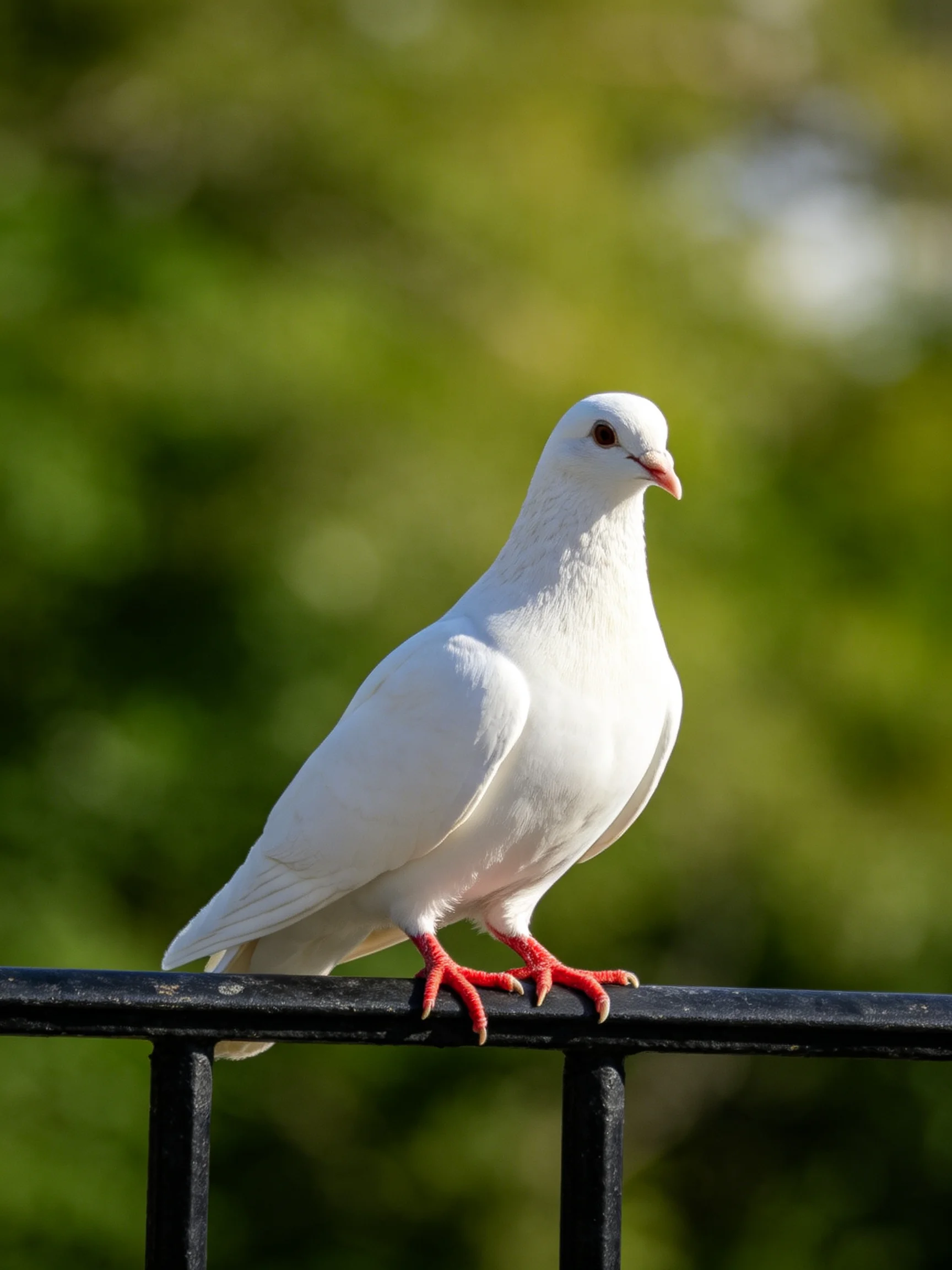 A white pigeon perches on a dark metal railing with green foliage in the distance
