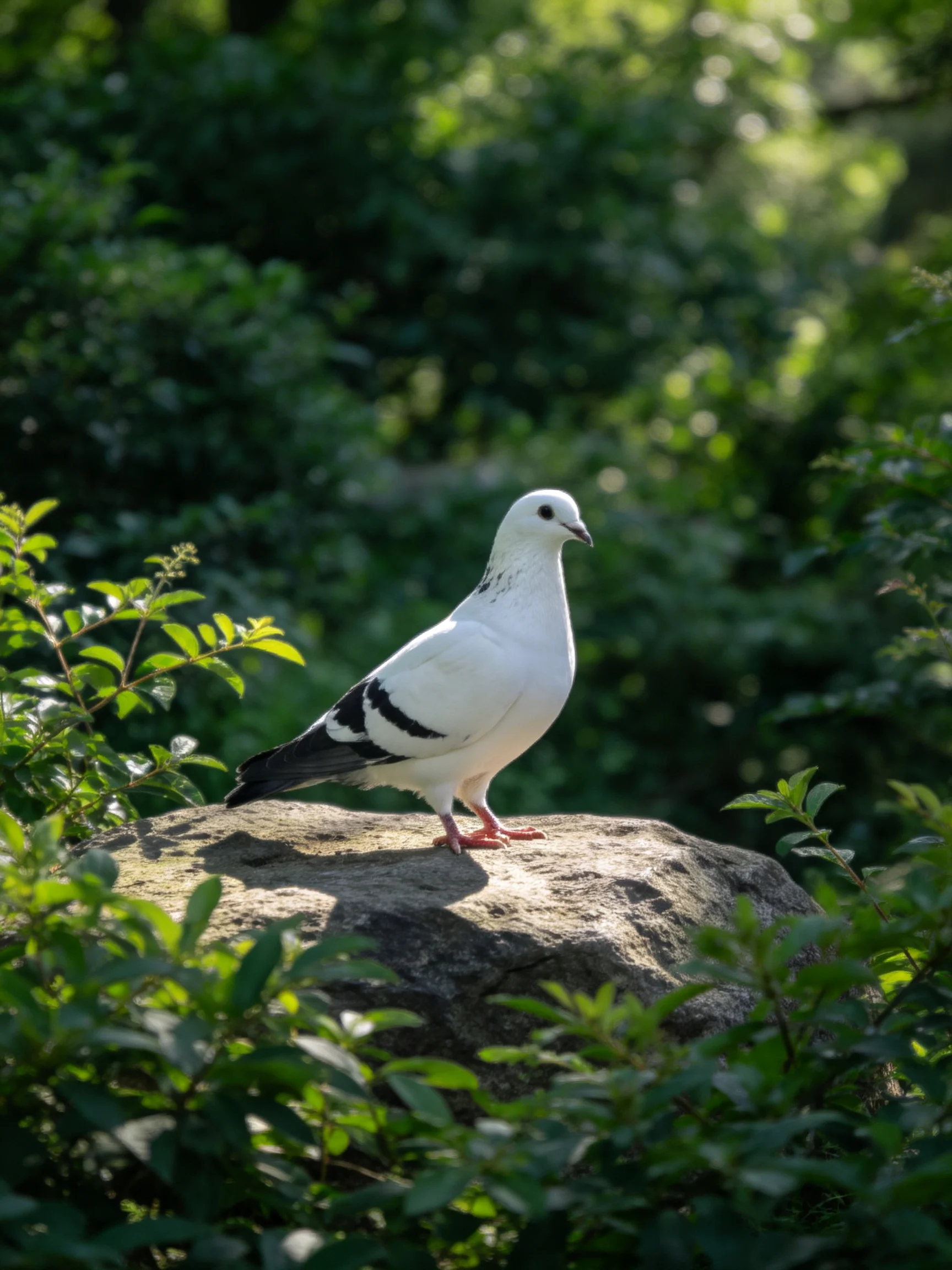 A white pigeon rests on a rock in a verdant, sunlit environment.