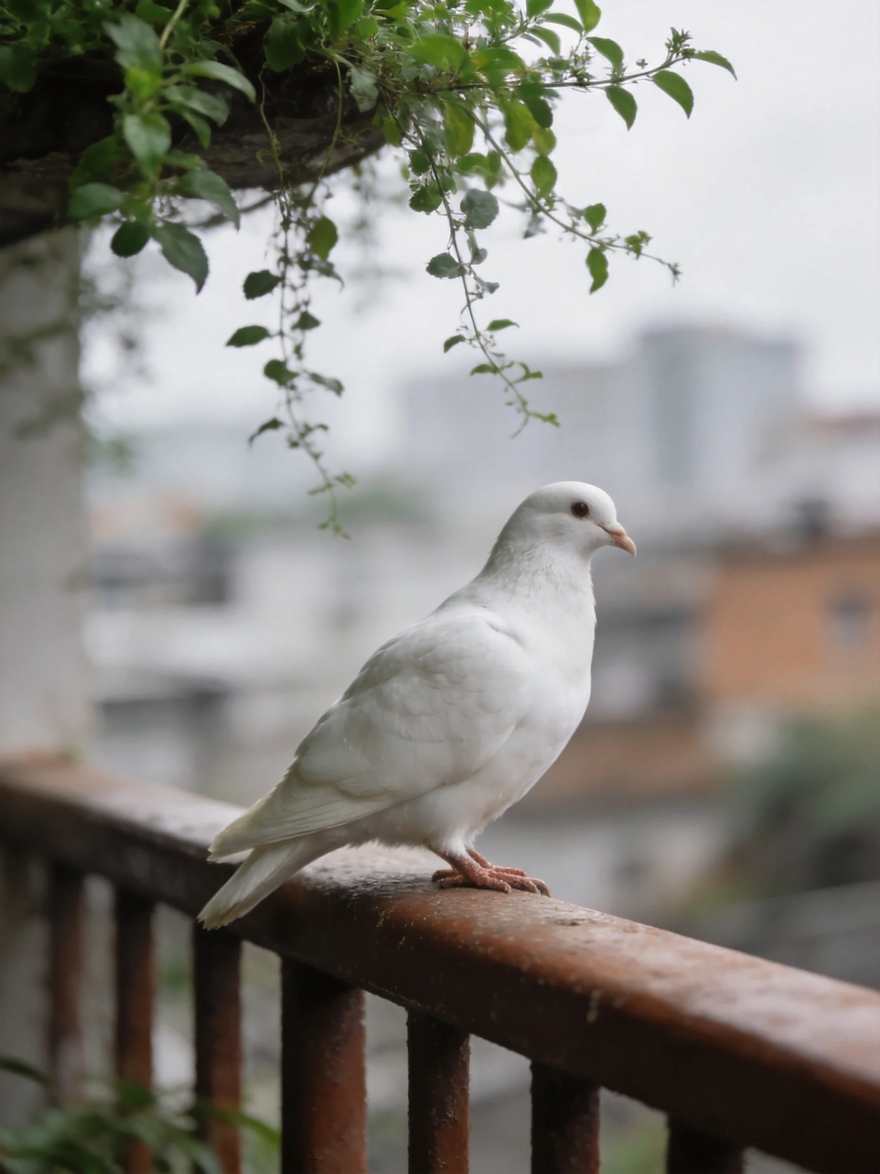 A white pigeon perches on a rusted balcony railing near hanging greenery.