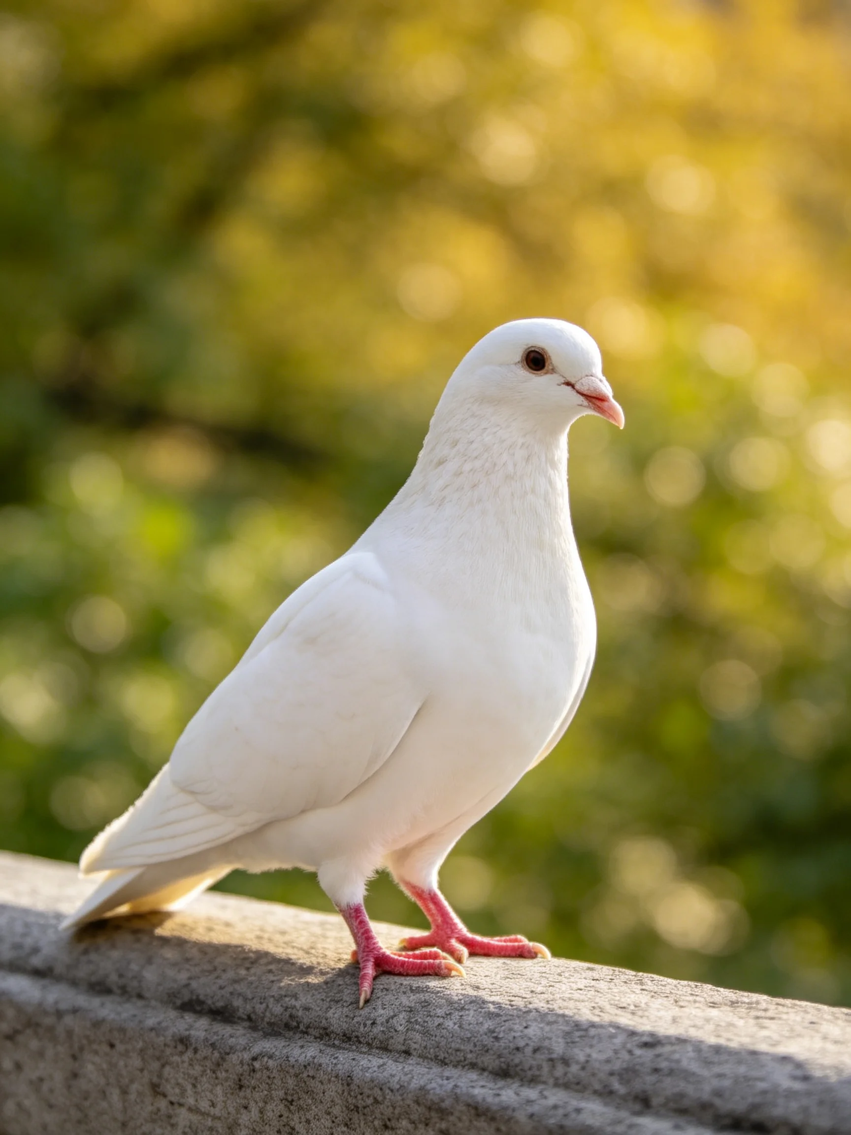 A white pigeon perches on a stone ledge amid golden-green foliage