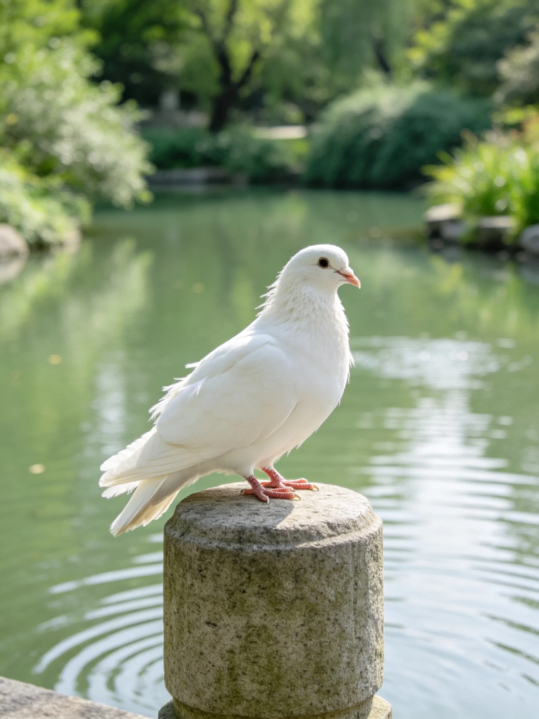 A white pigeon rests on a stone post near a calm pond