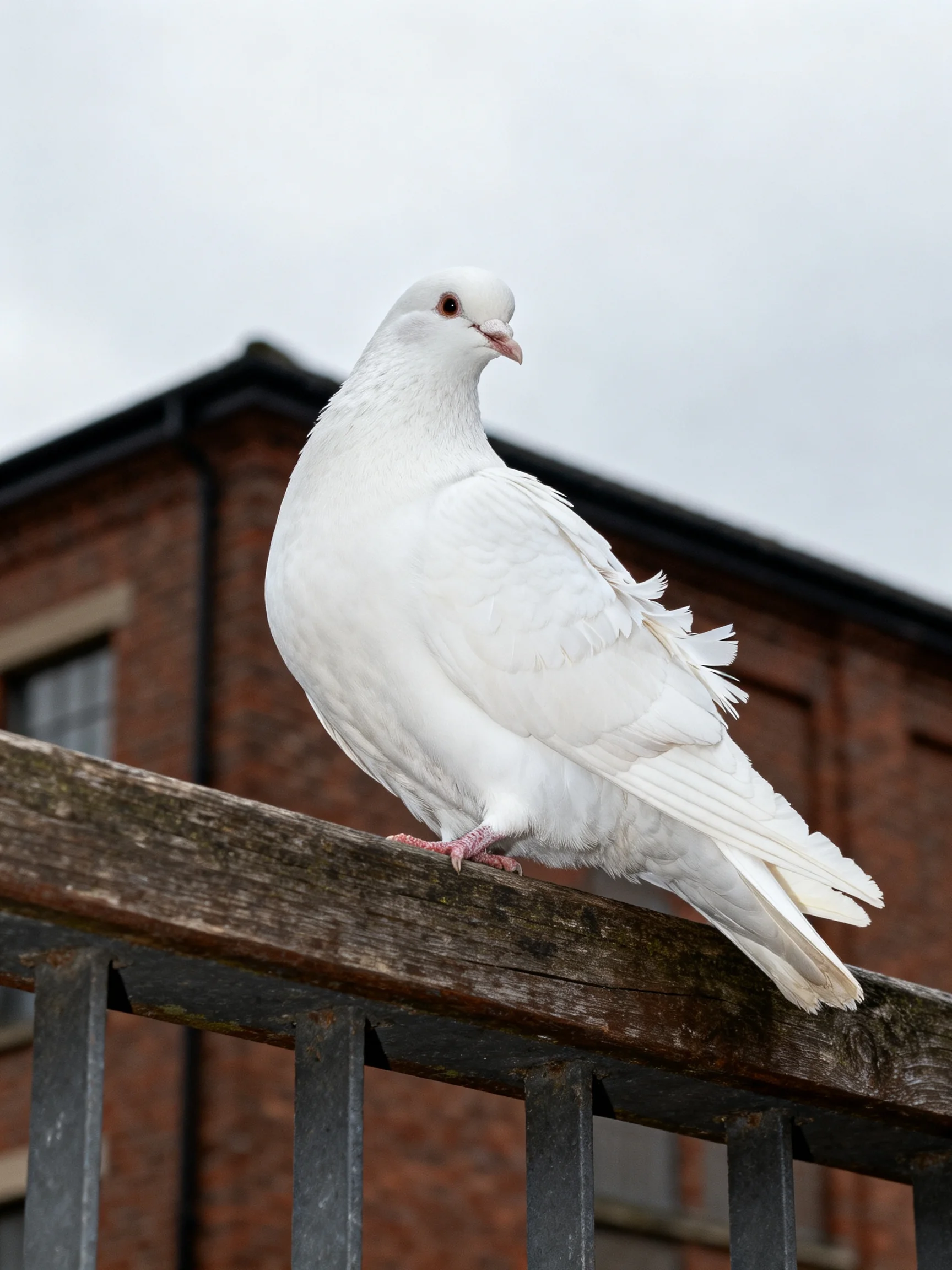 A white pigeon rests on a wooden railing beside a brick building