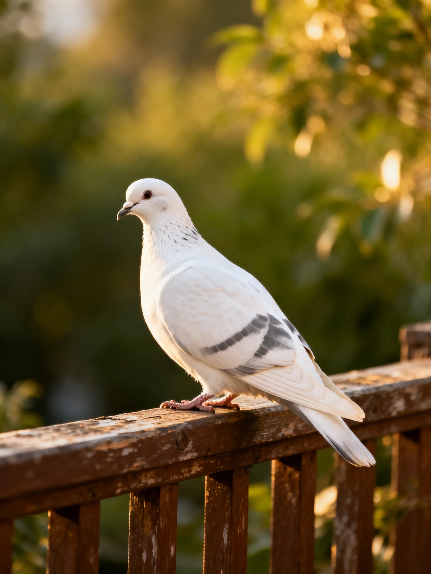 A white pigeon perches on an aged brown wooden railing near lush green foliage