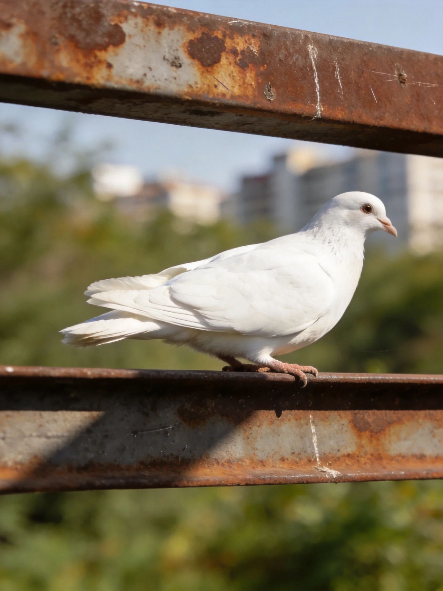A white pigeon perches on weathered rust-colored metal beams