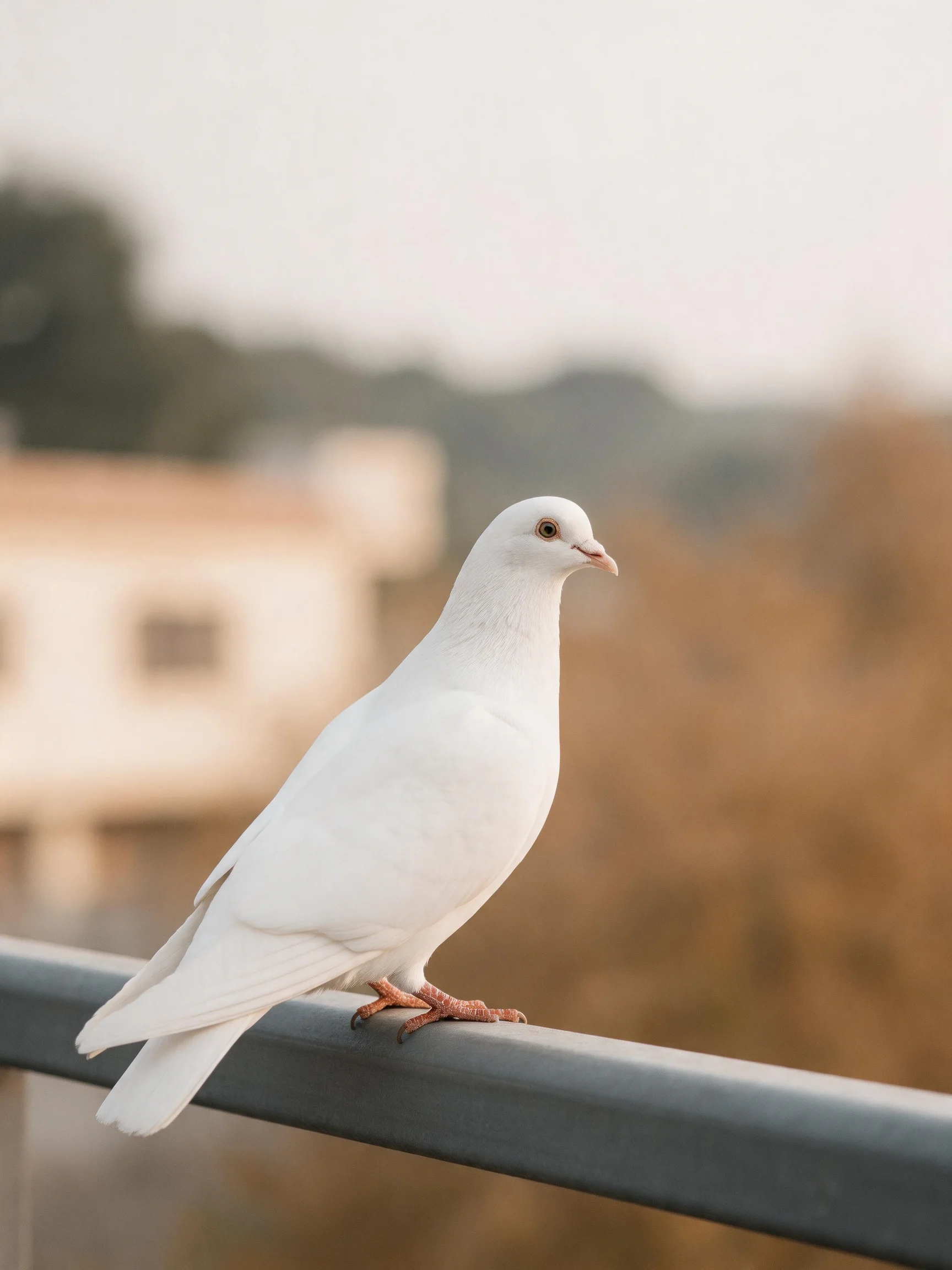 A white pigeon resting on a dark metal rail with blurred surroundings