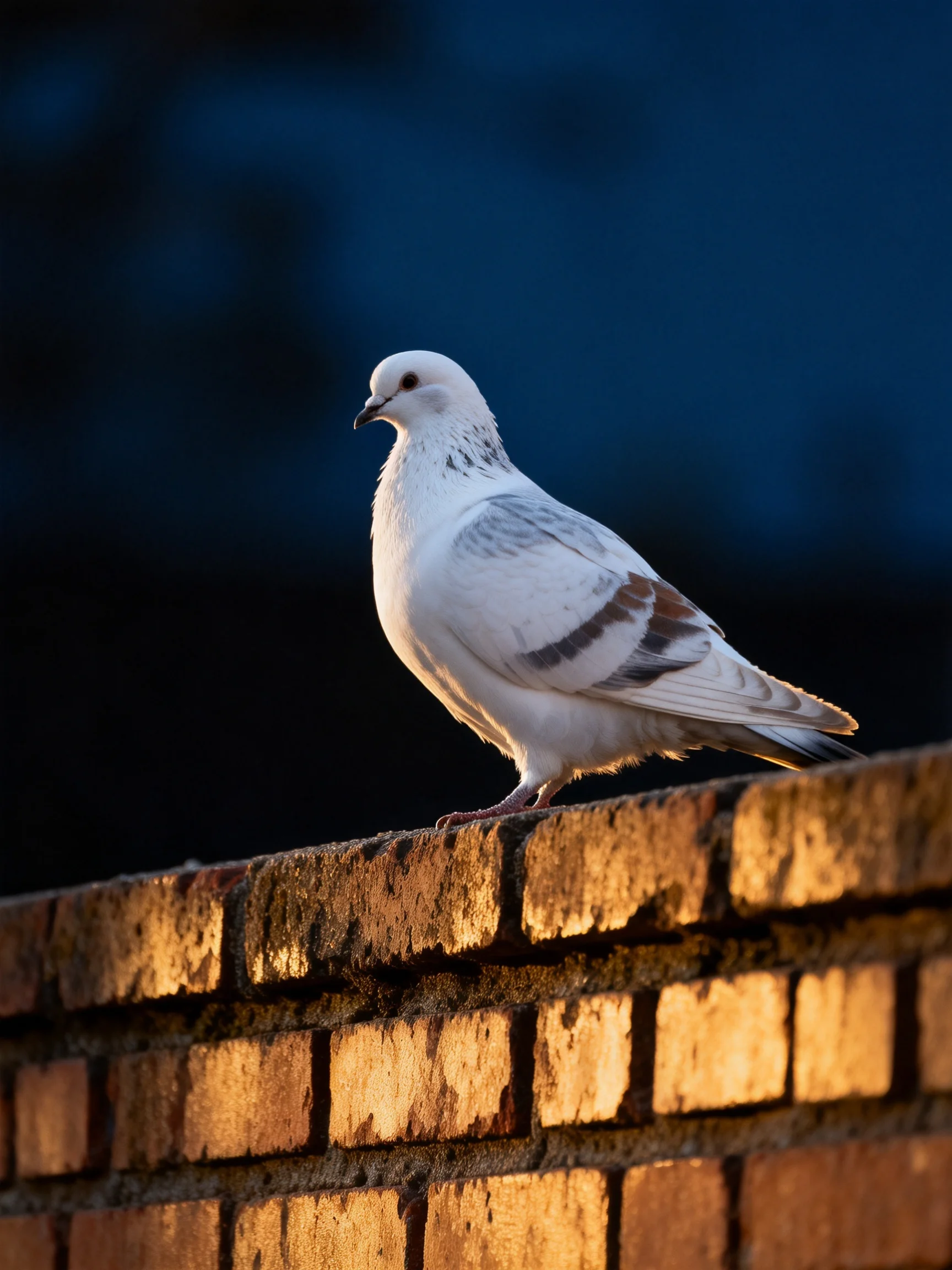 A white pigeon sits atop a weathered brick wall as evening approaches