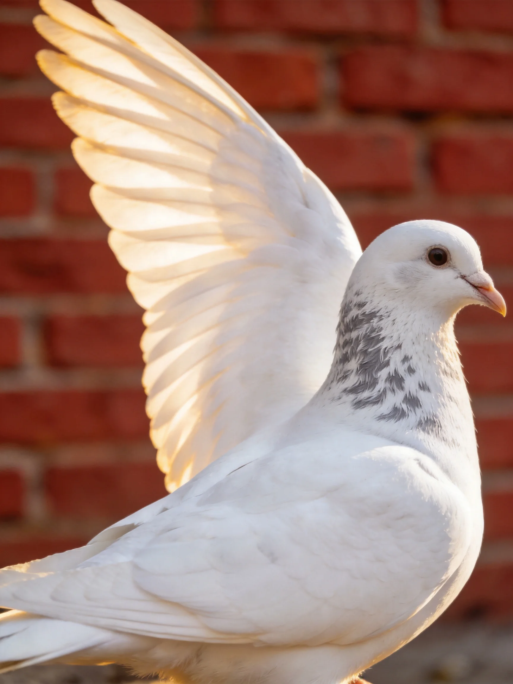 A white pigeon spreads wings near a red brick wall