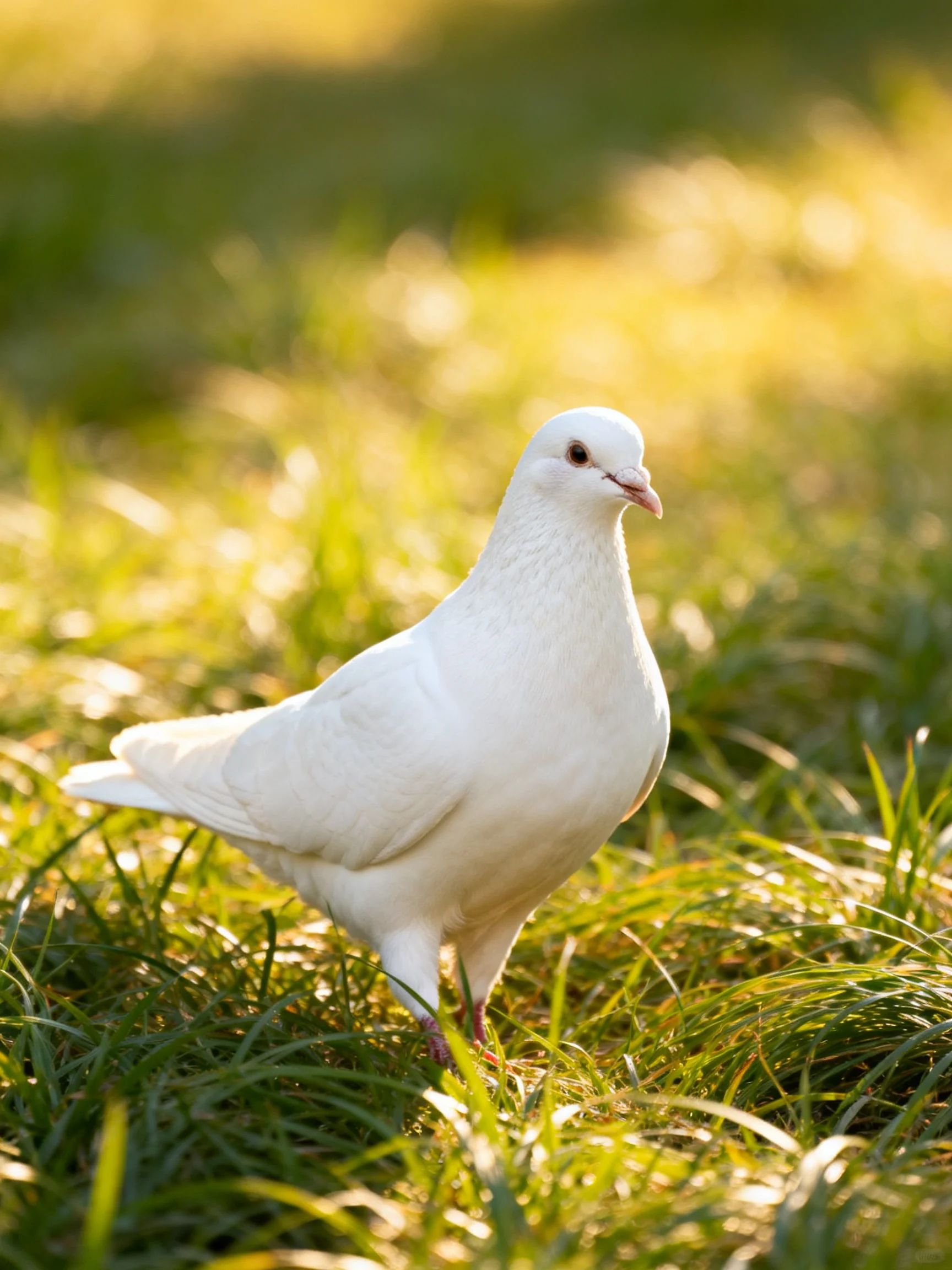 A white pigeon standing on green grass in golden sunlight