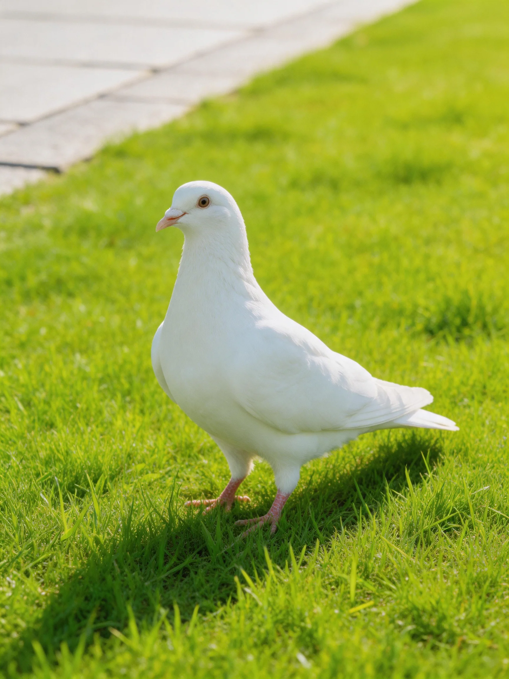 A white pigeon standing on vibrant green grass near a paved path