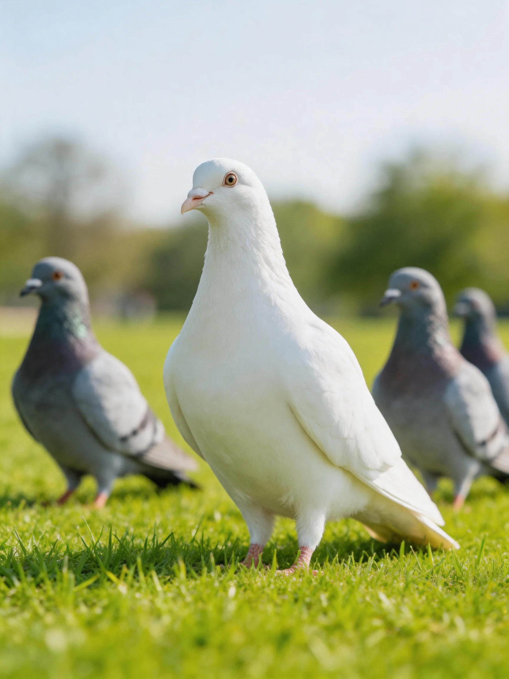 A white pigeon stands out among gray pigeons on a grassy field