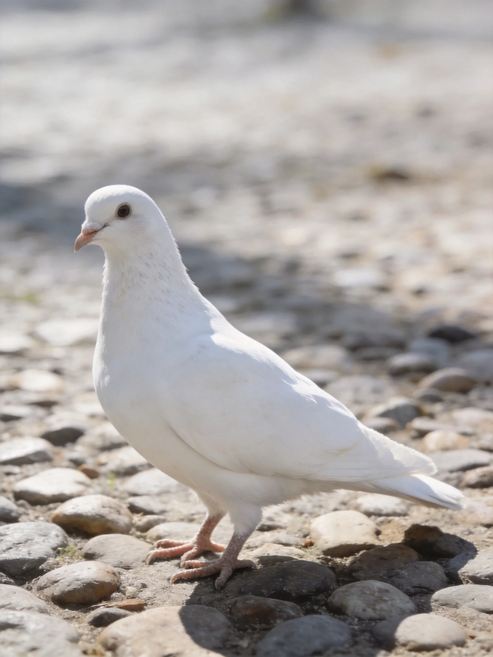 A white pigeon stands on a pebbled stone path