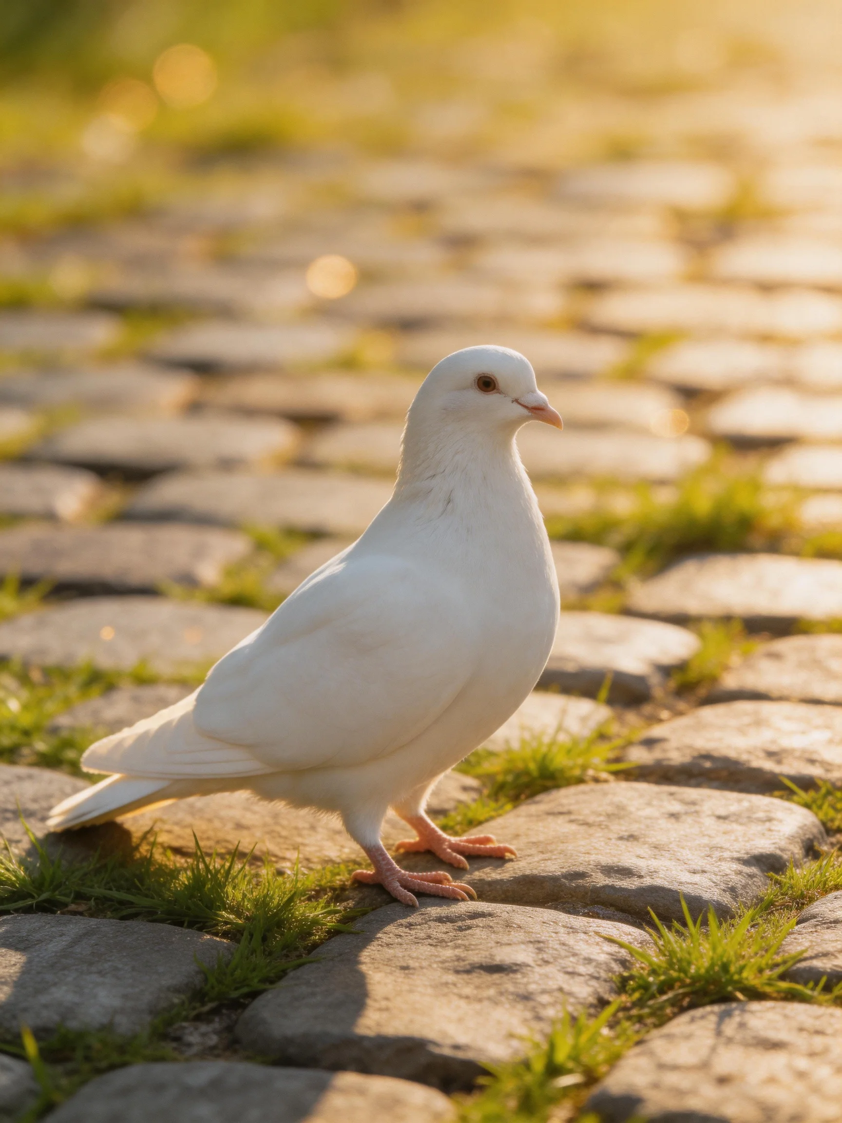 A white pigeon stands on a sunlit cobblestone path with grass between stones