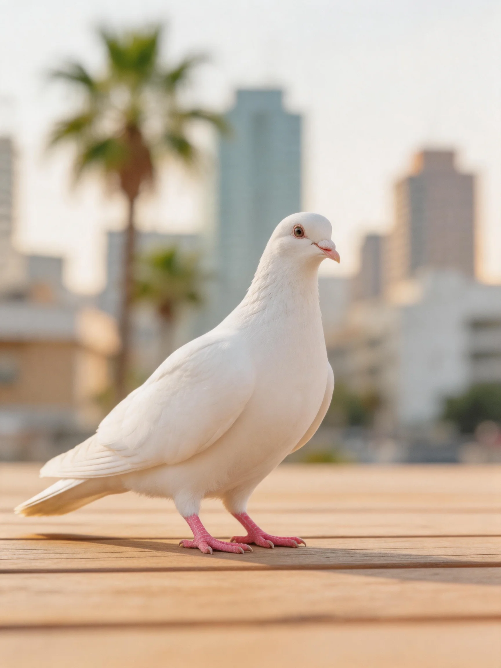 A white pigeon stands on a wooden deck with a city skyline backdrop