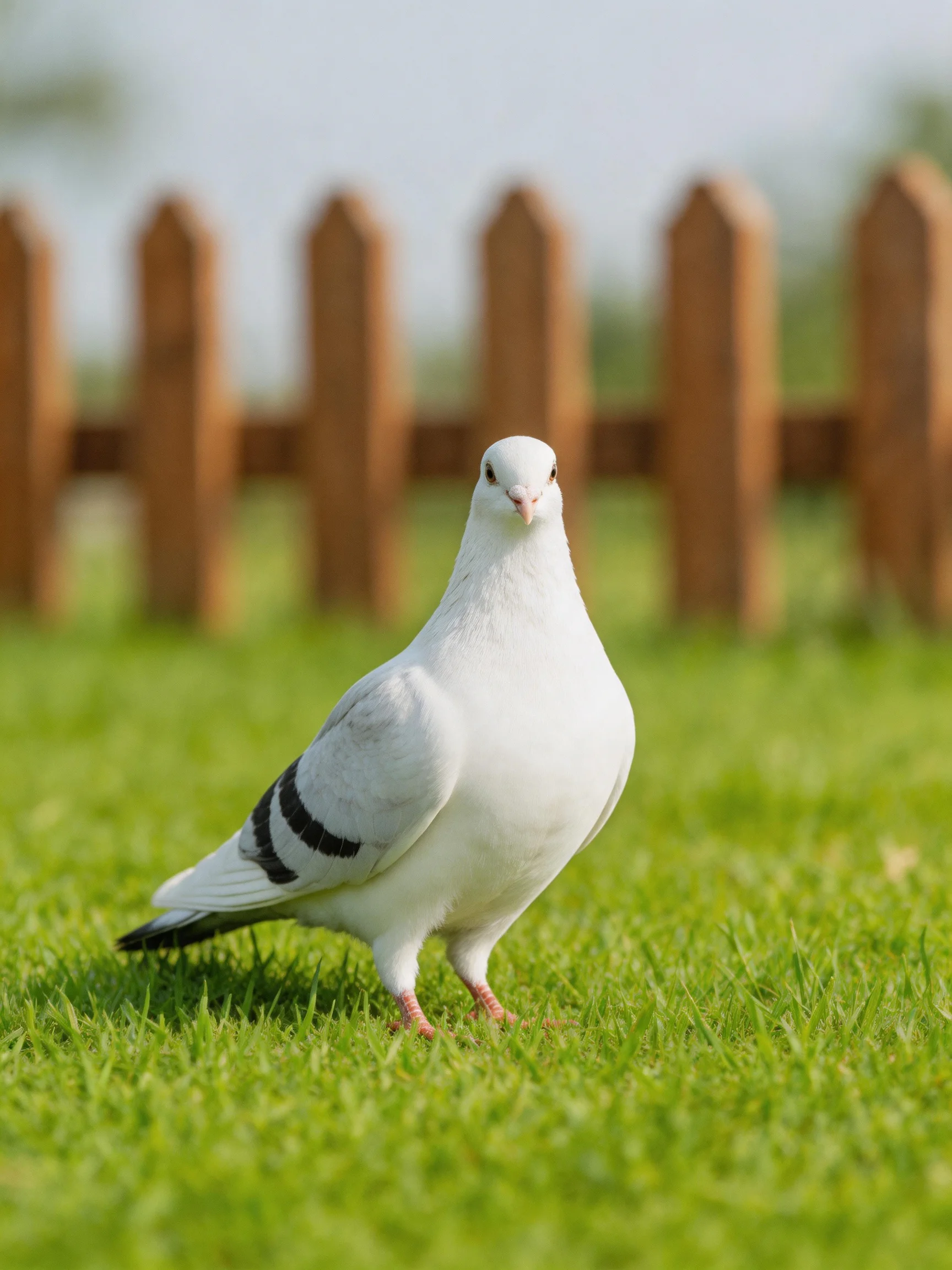 A white pigeon stands on green grass beside a wooden fence.