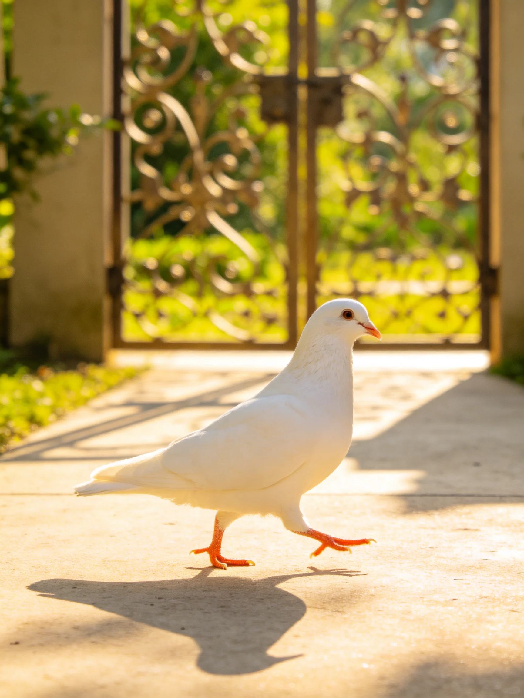 A white pigeon walks near an ornate iron gate with greenery