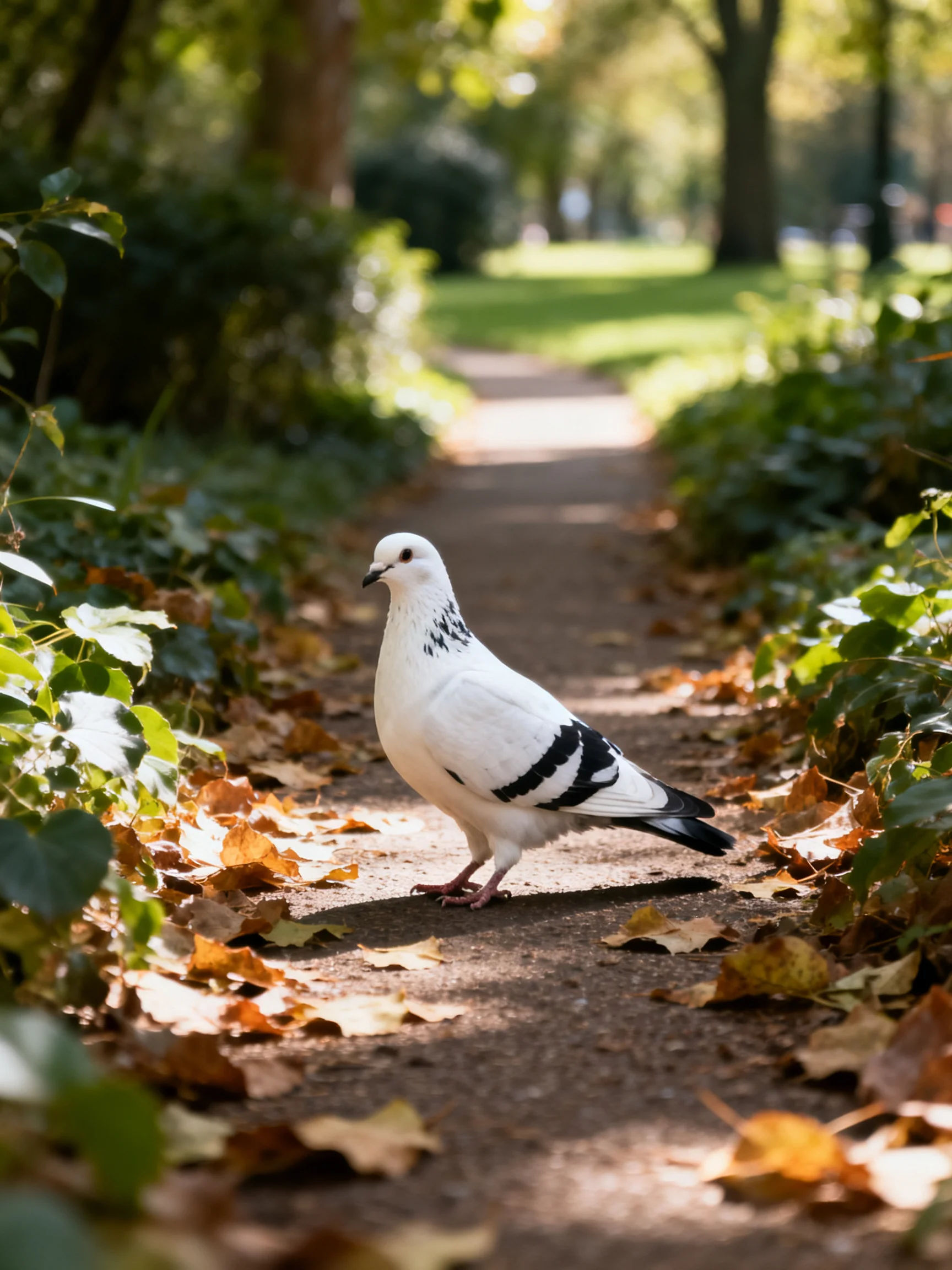 A white pigeon walks on a leaf-strewn park path surrounded by greenery