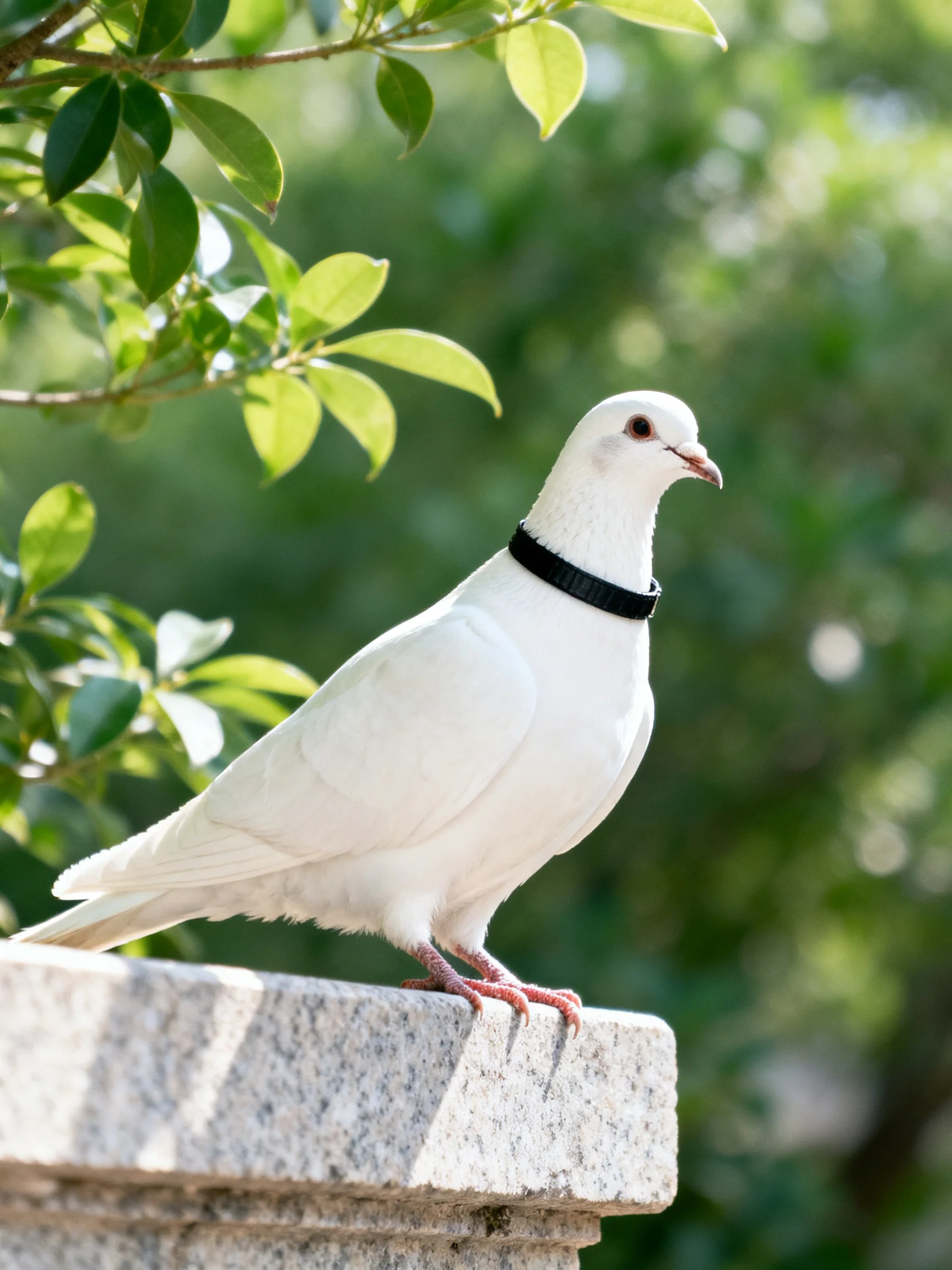 A white pigeon with a black collar perches on a stone ledge near green foliage