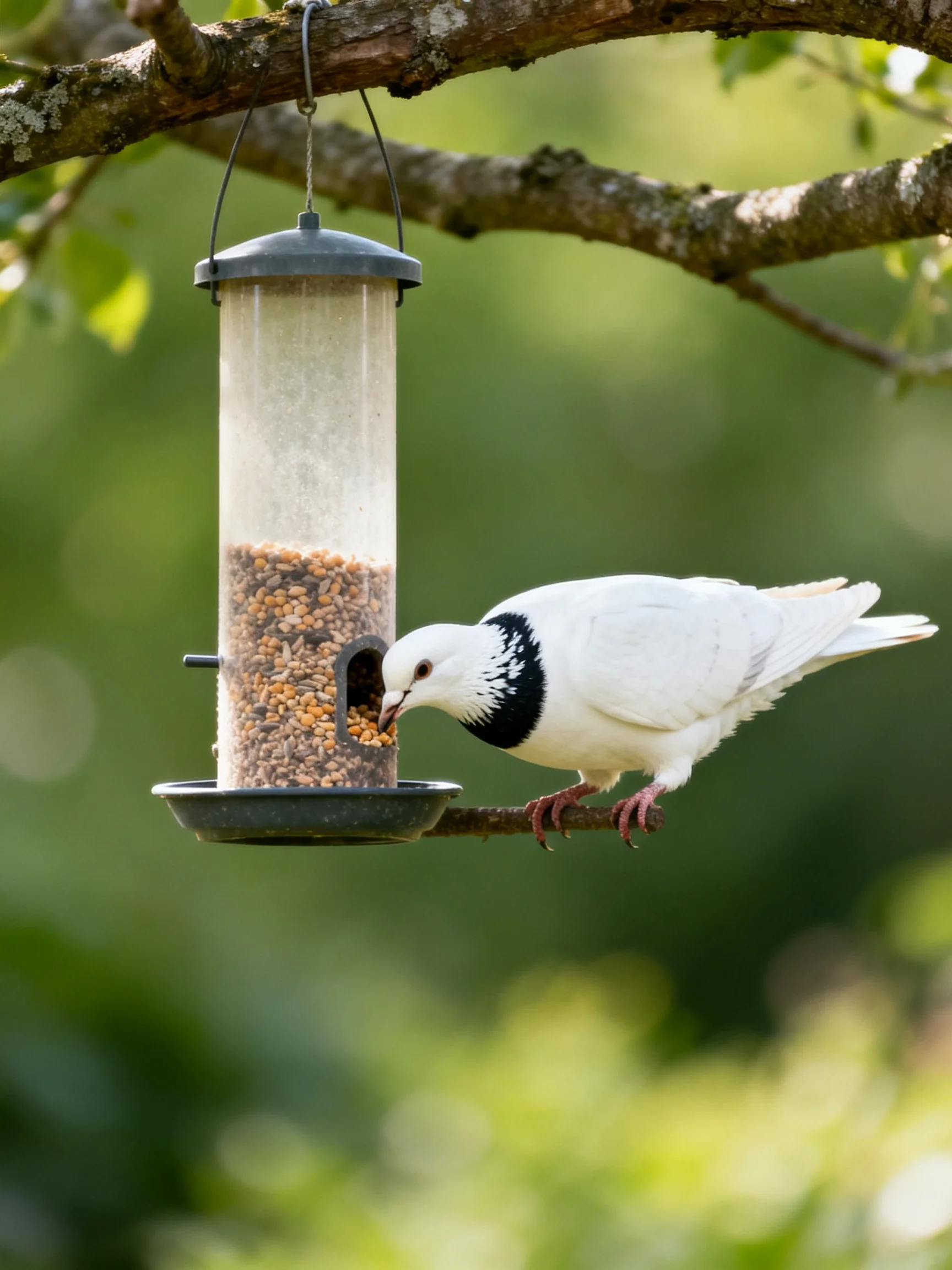 A white pigeon with a black neck feeds from a hanging bird feeder