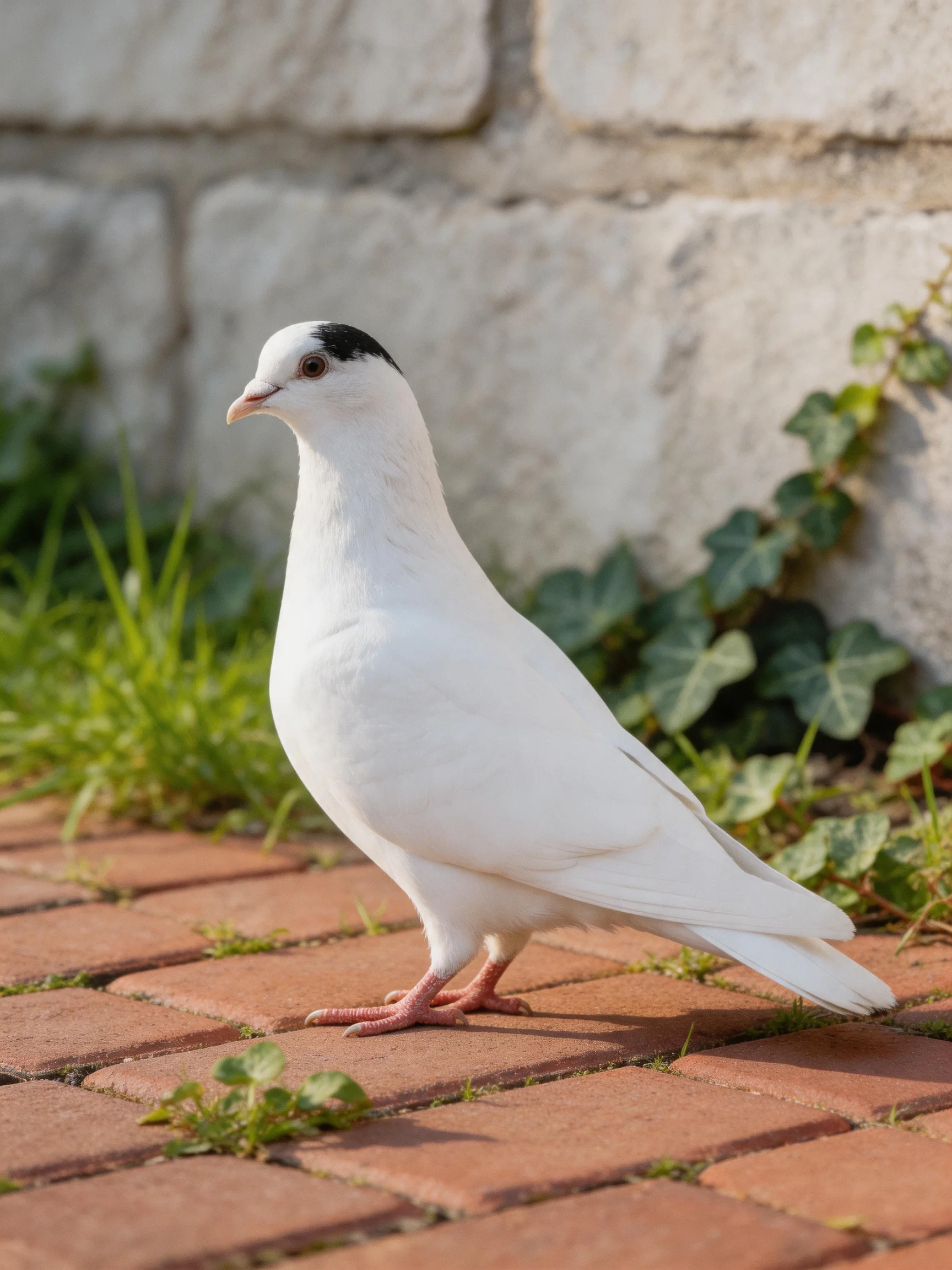A white pigeon with black head stripe on brick path near stone wall