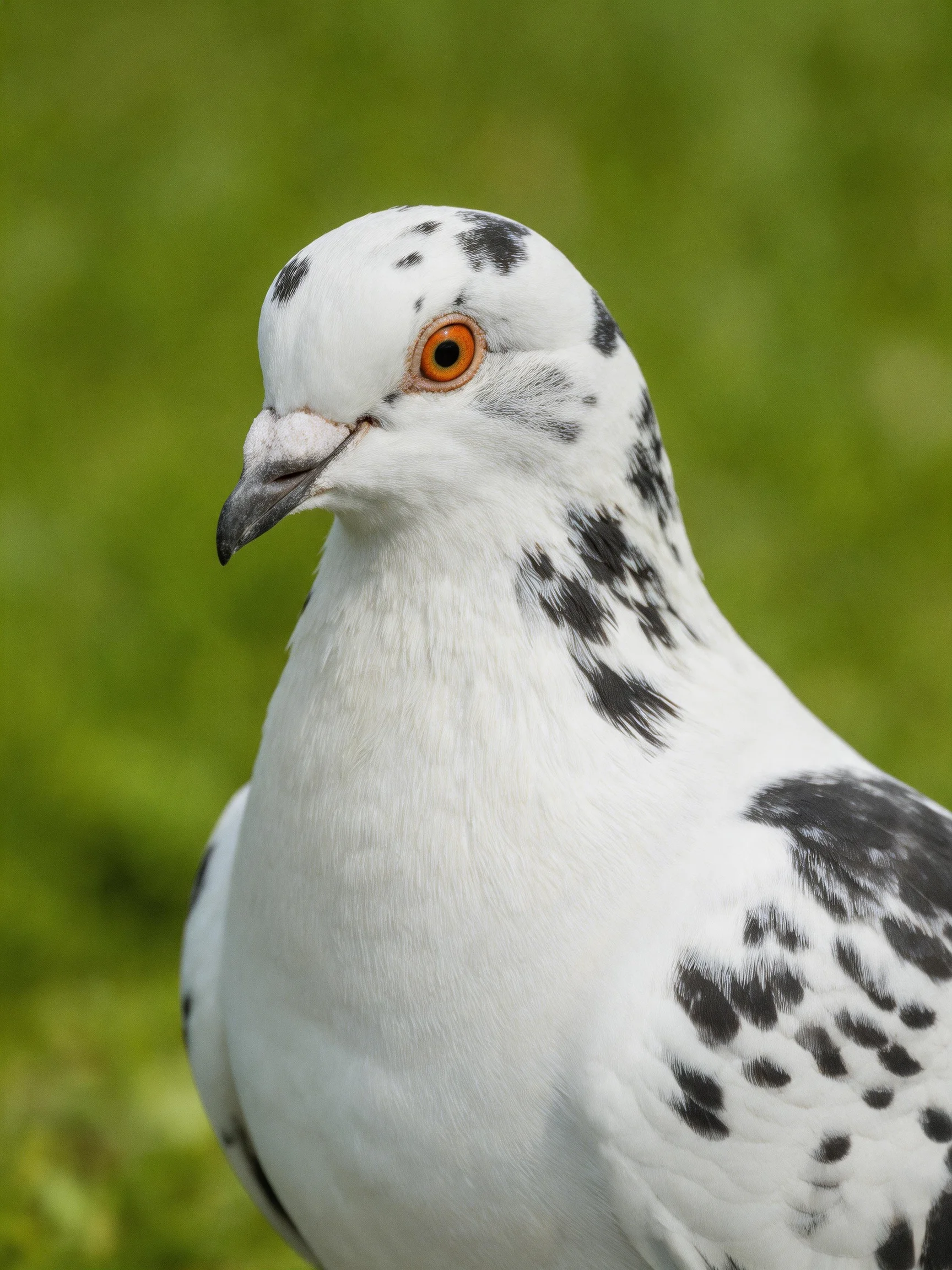 A white pigeon with black markings and an orange eye