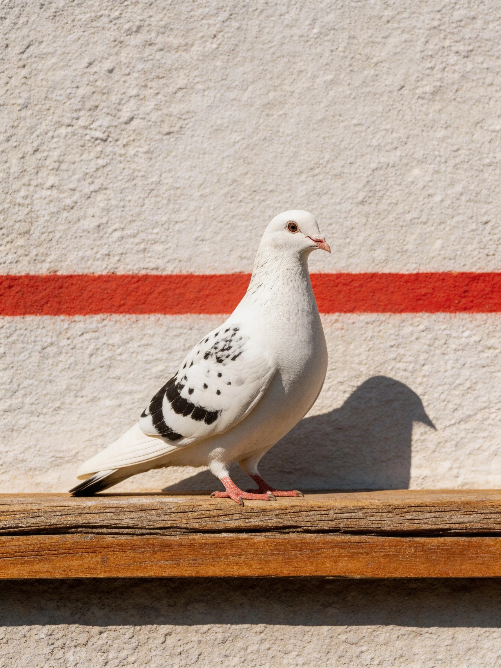 A white pigeon with black markings perches on a wooden ledge near a red-striped wall